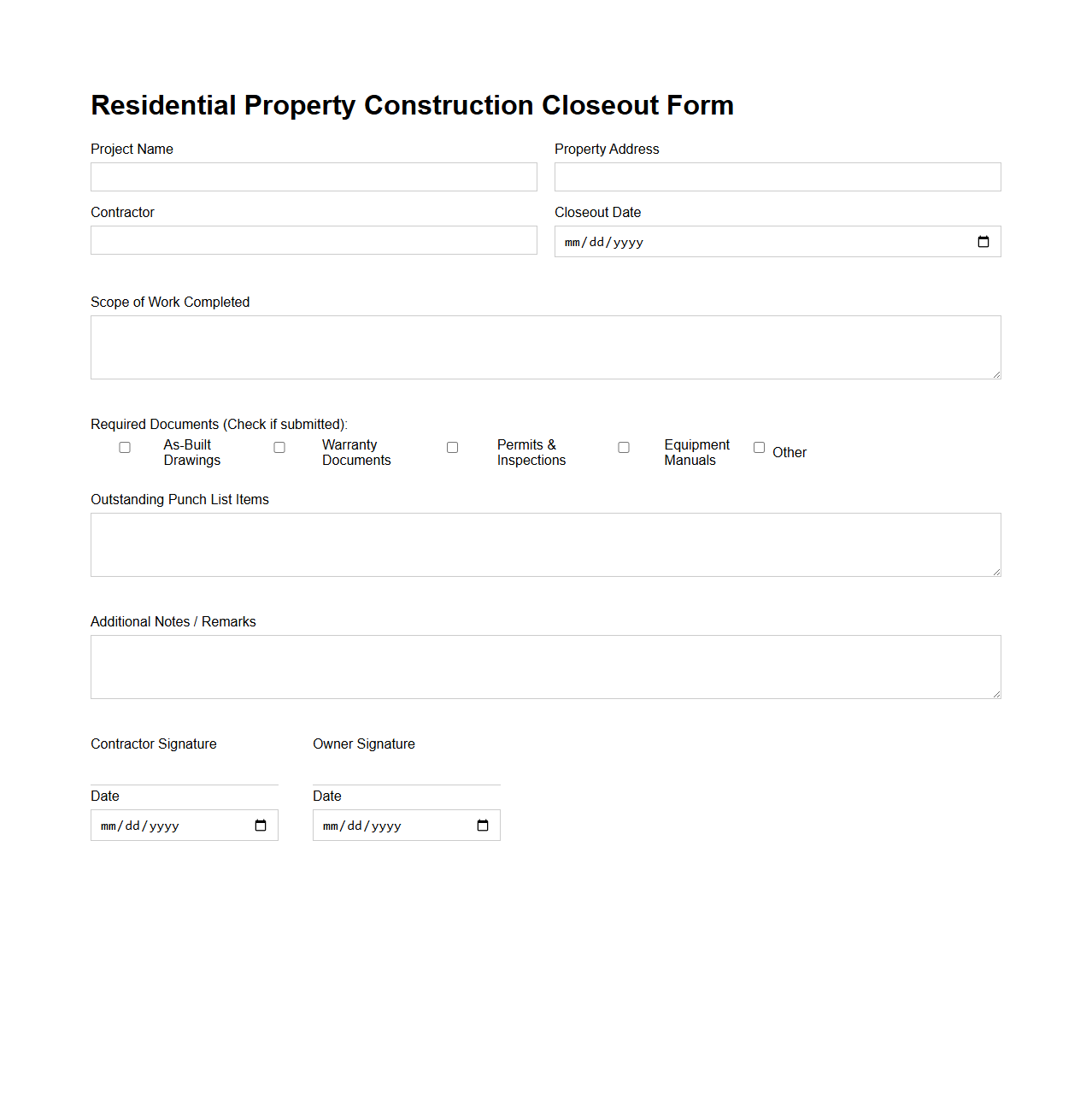 Residential Property Construction Closeout Form