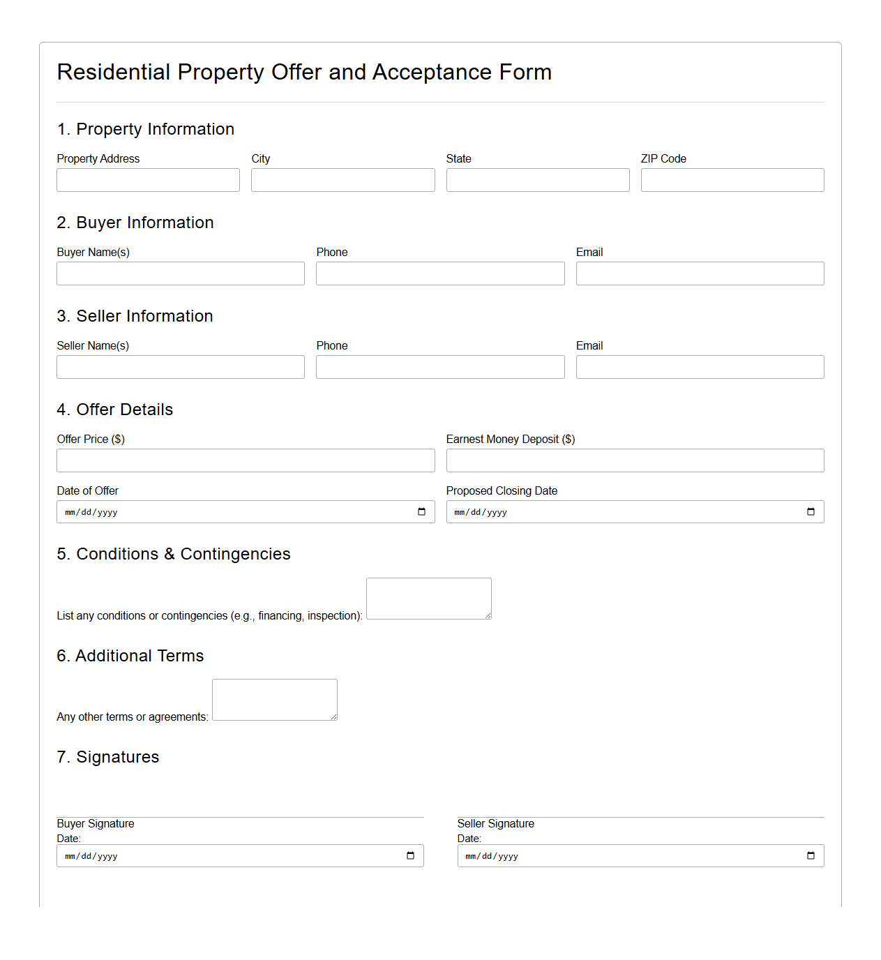Residential Property Offer and Acceptance Form