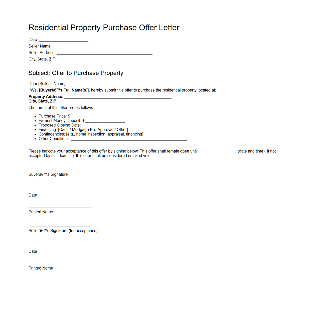 Residential Property Purchase Offer Letter Template
