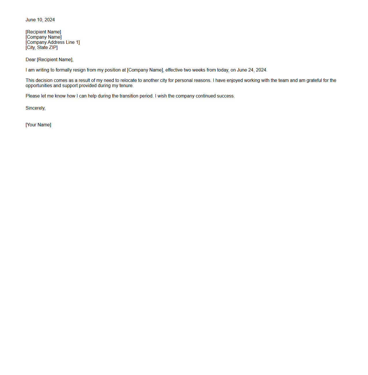 Resignation Letter Citing Relocation as Reason