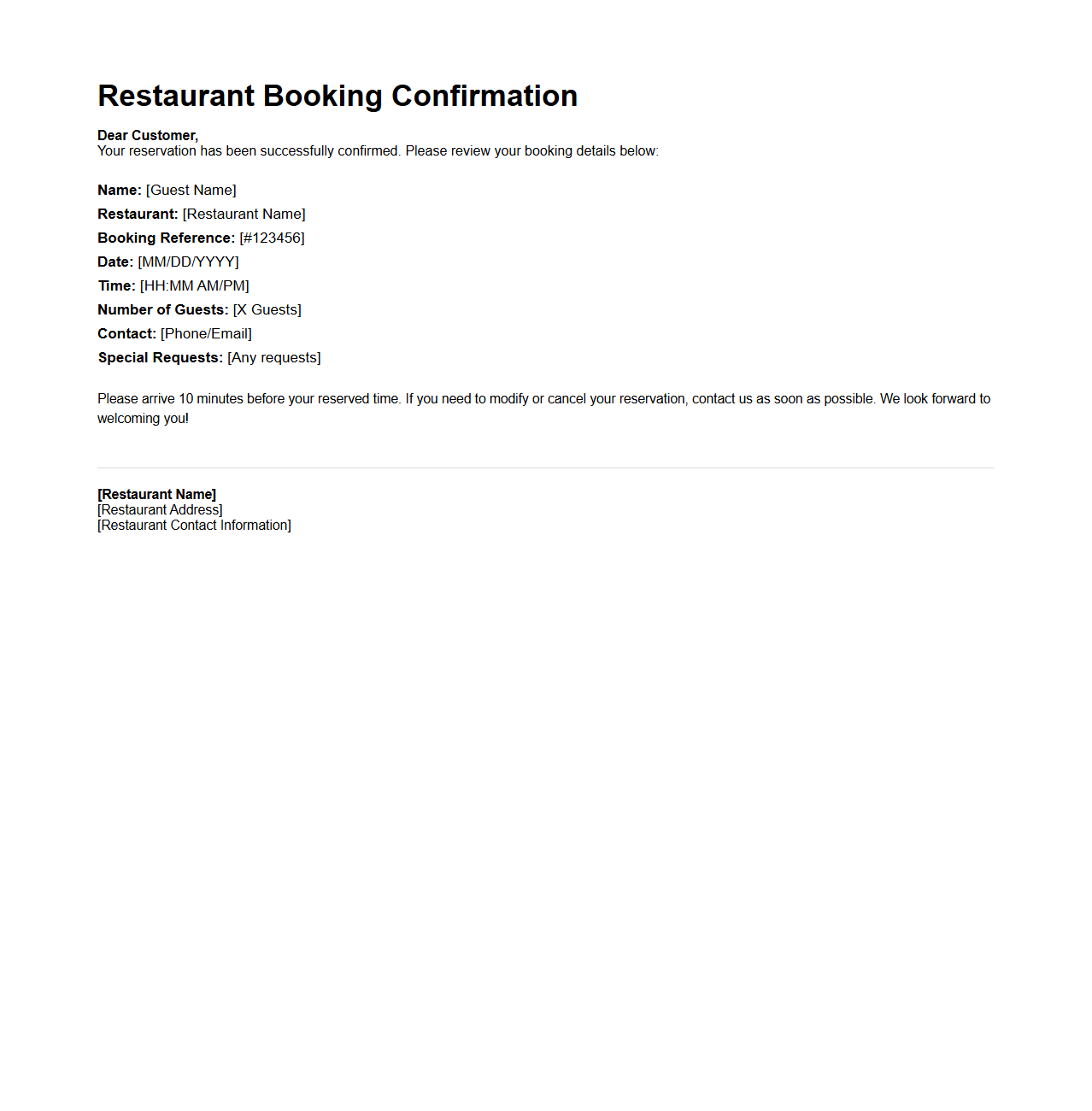 Restaurant Booking Confirmation Notice Example