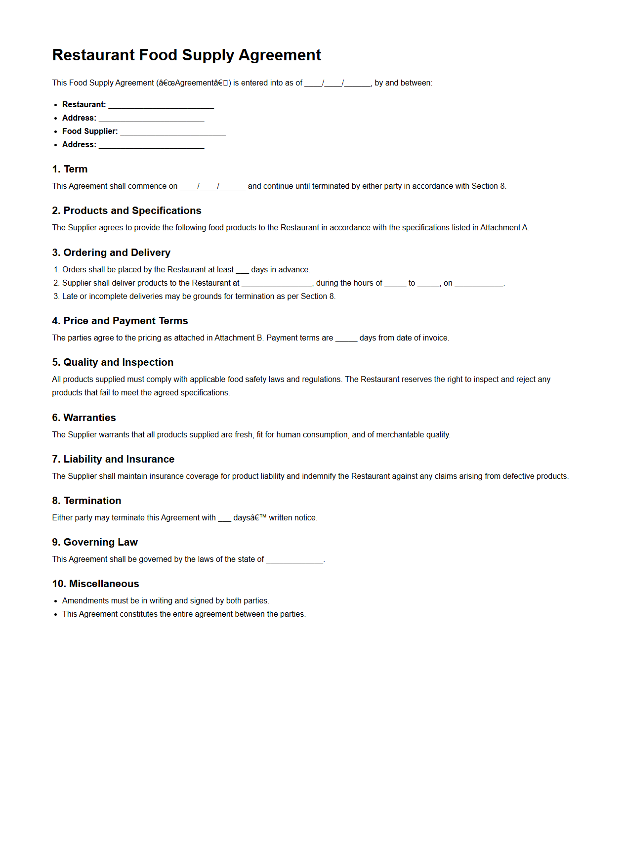 Restaurant Food Supply Agreement Template