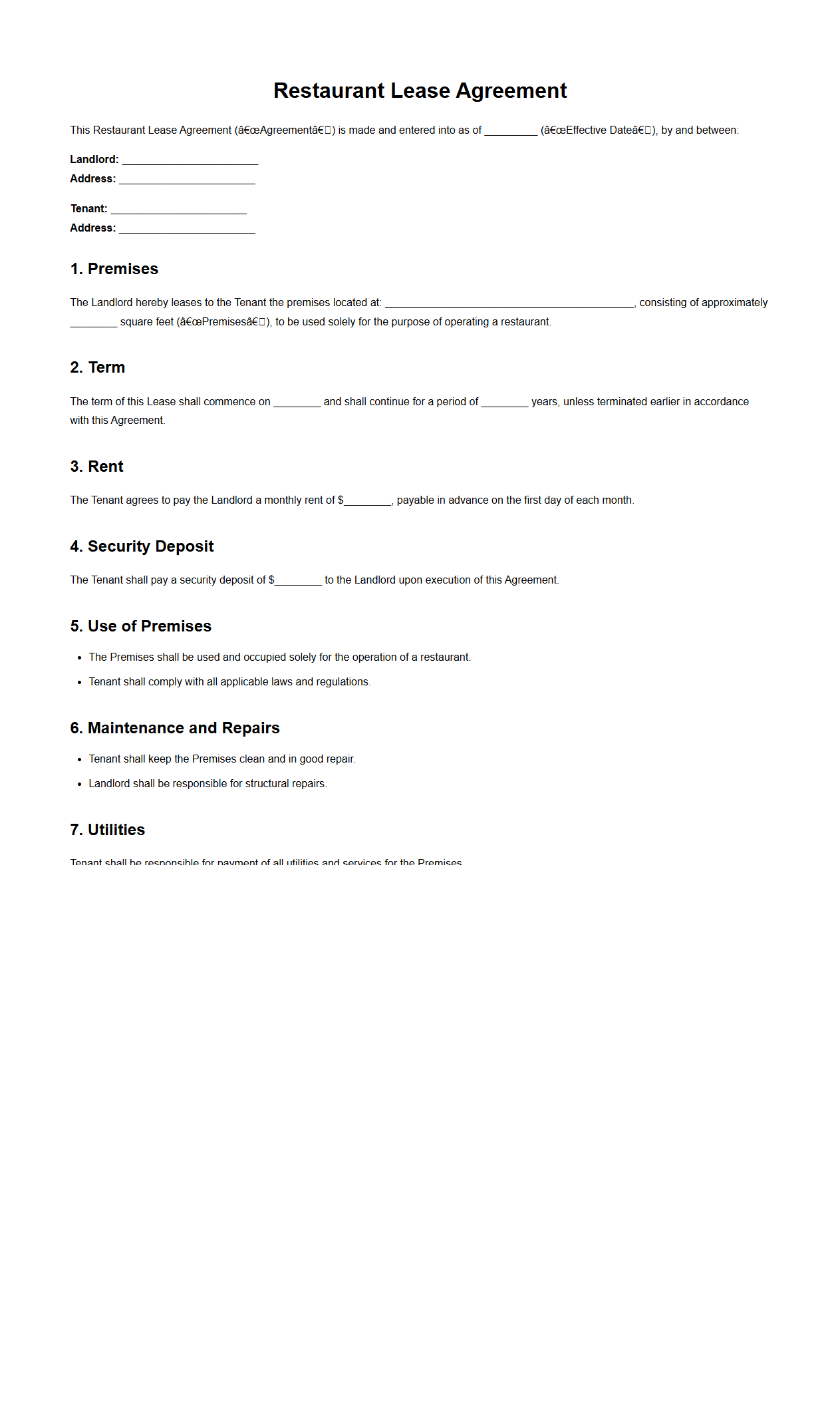 Restaurant Lease Agreement Example