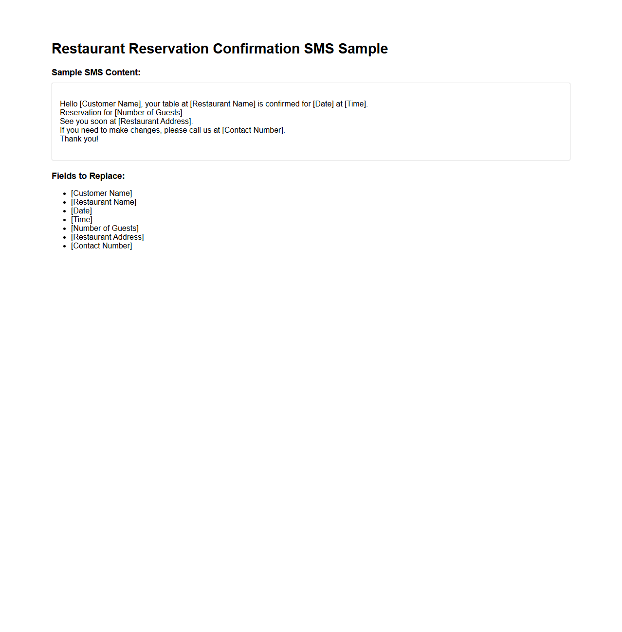 Restaurant Reservation Confirmation SMS Sample