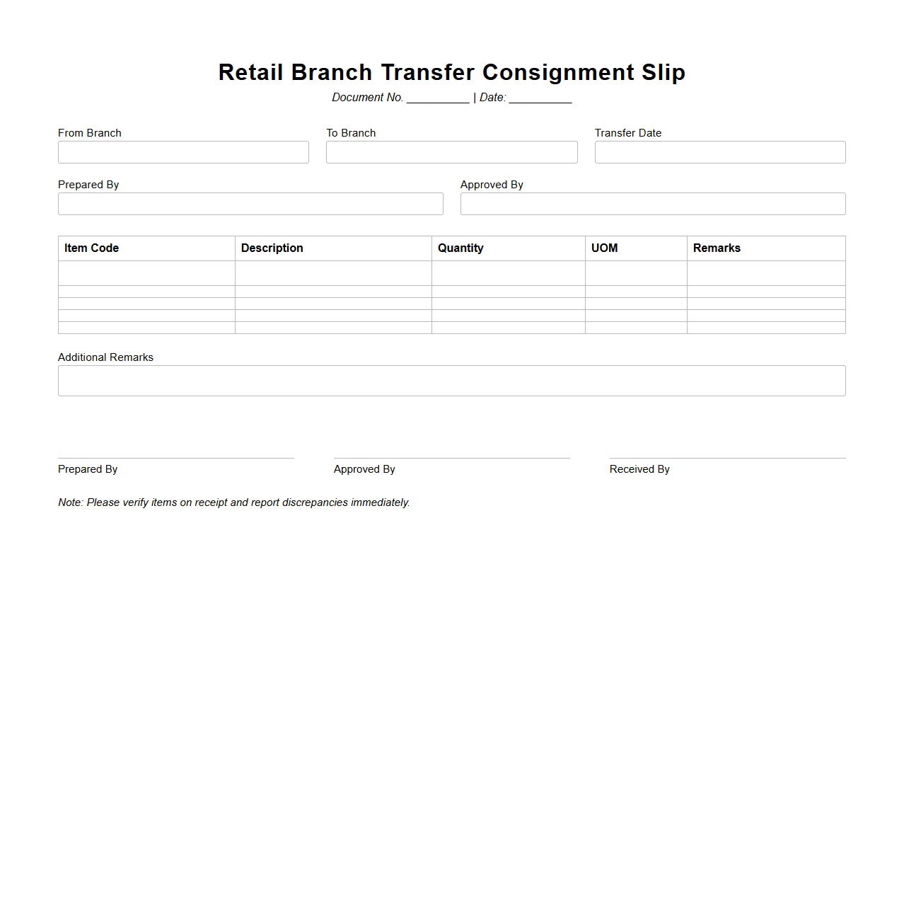 Retail Branch Transfer Consignment Slip