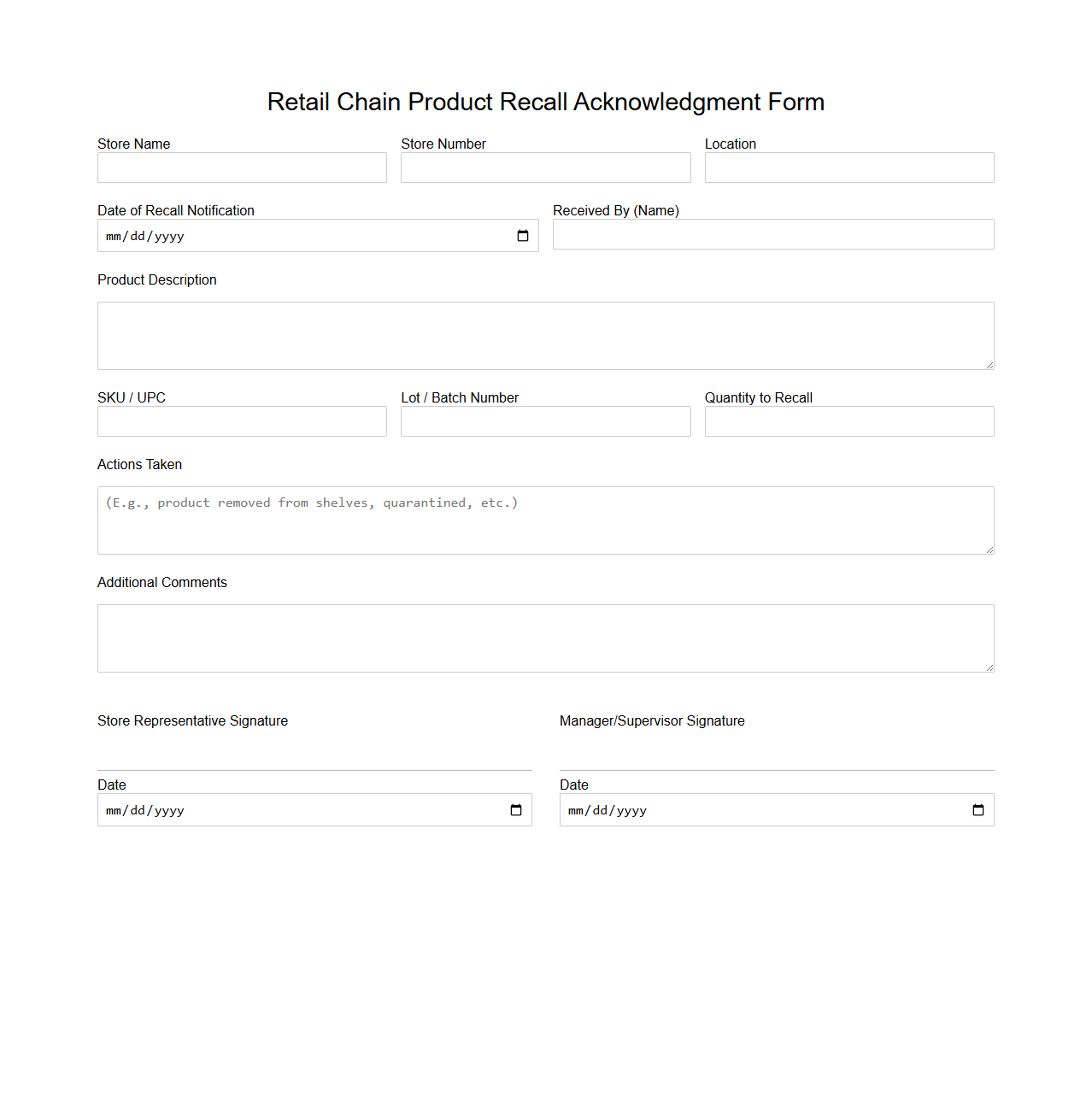 Retail Chain Product Recall Acknowledgment Form