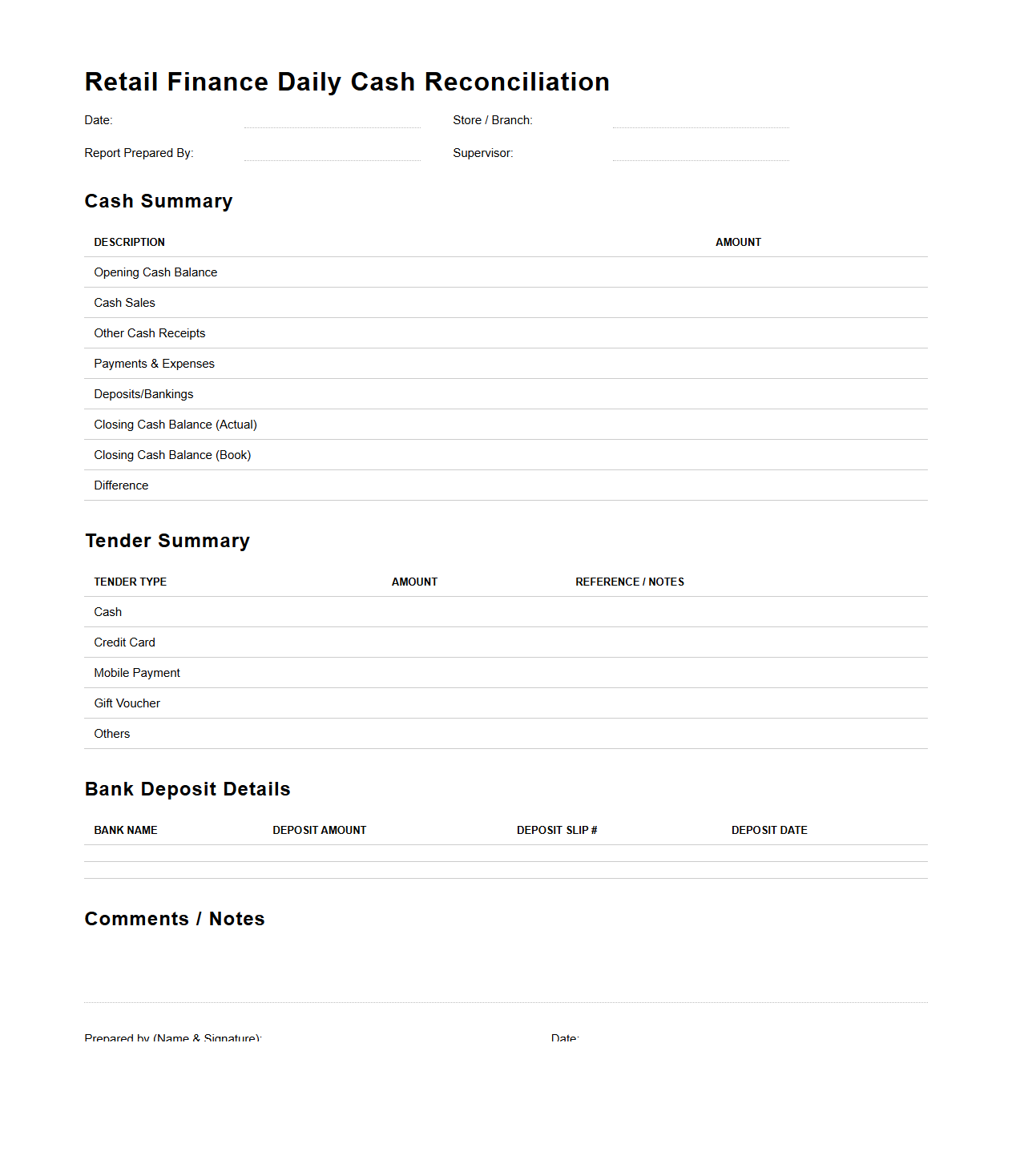 Retail Finance Daily Cash Reconciliation Report Template