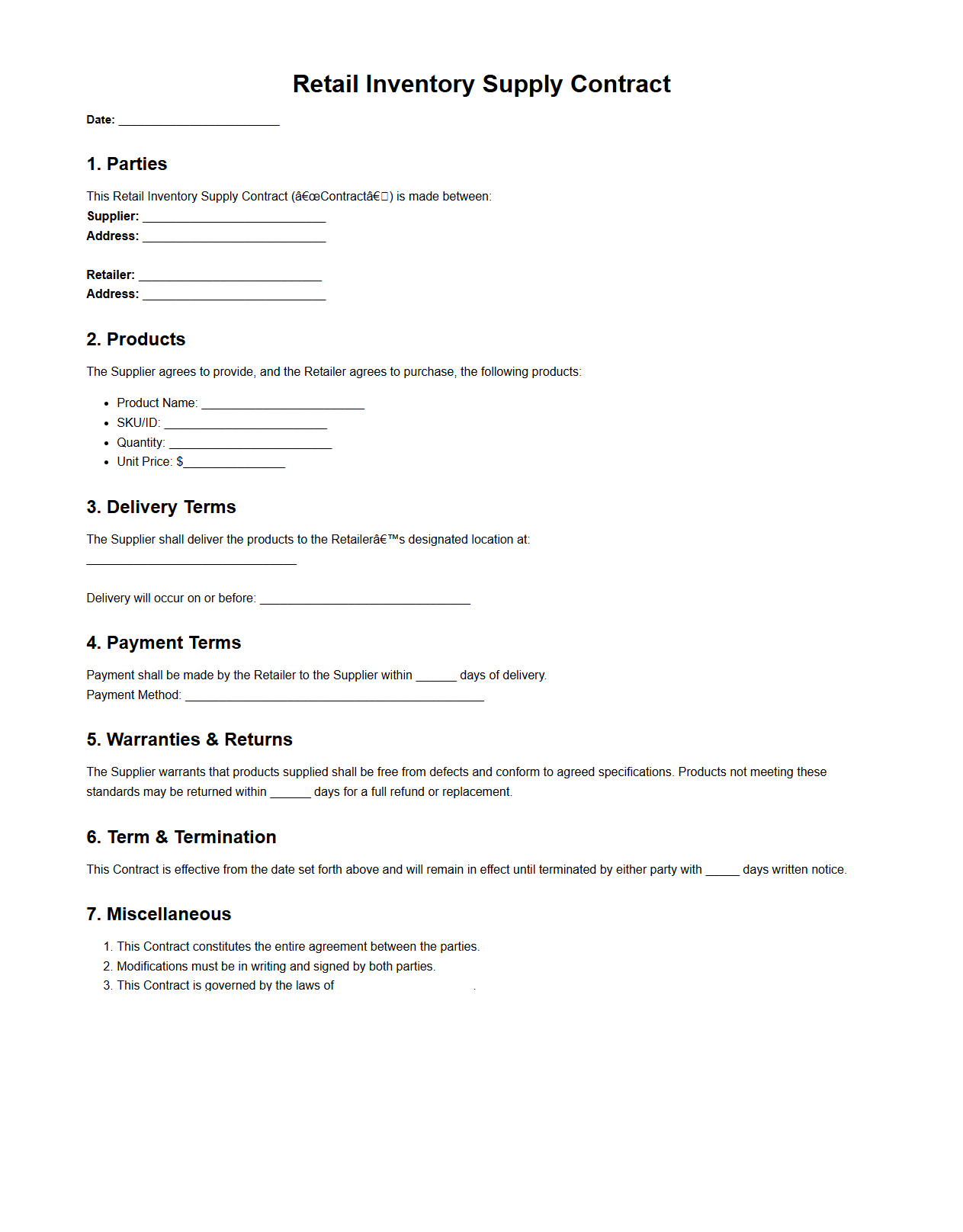 Retail Inventory Supply Contract Example