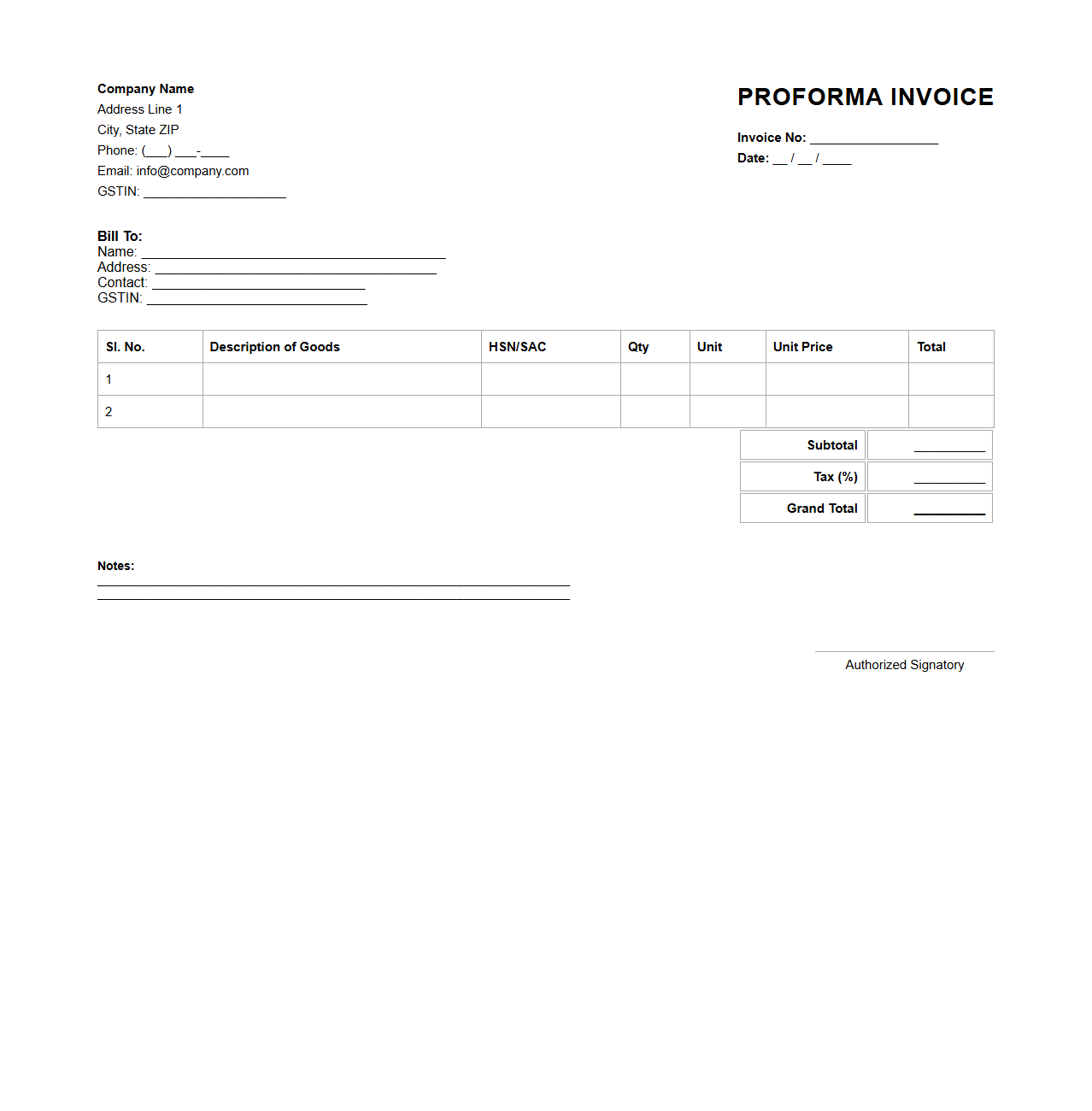 Retail Proforma Invoice Format