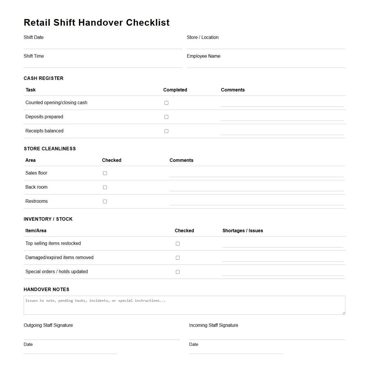 Retail Shift Handover Checklist Template