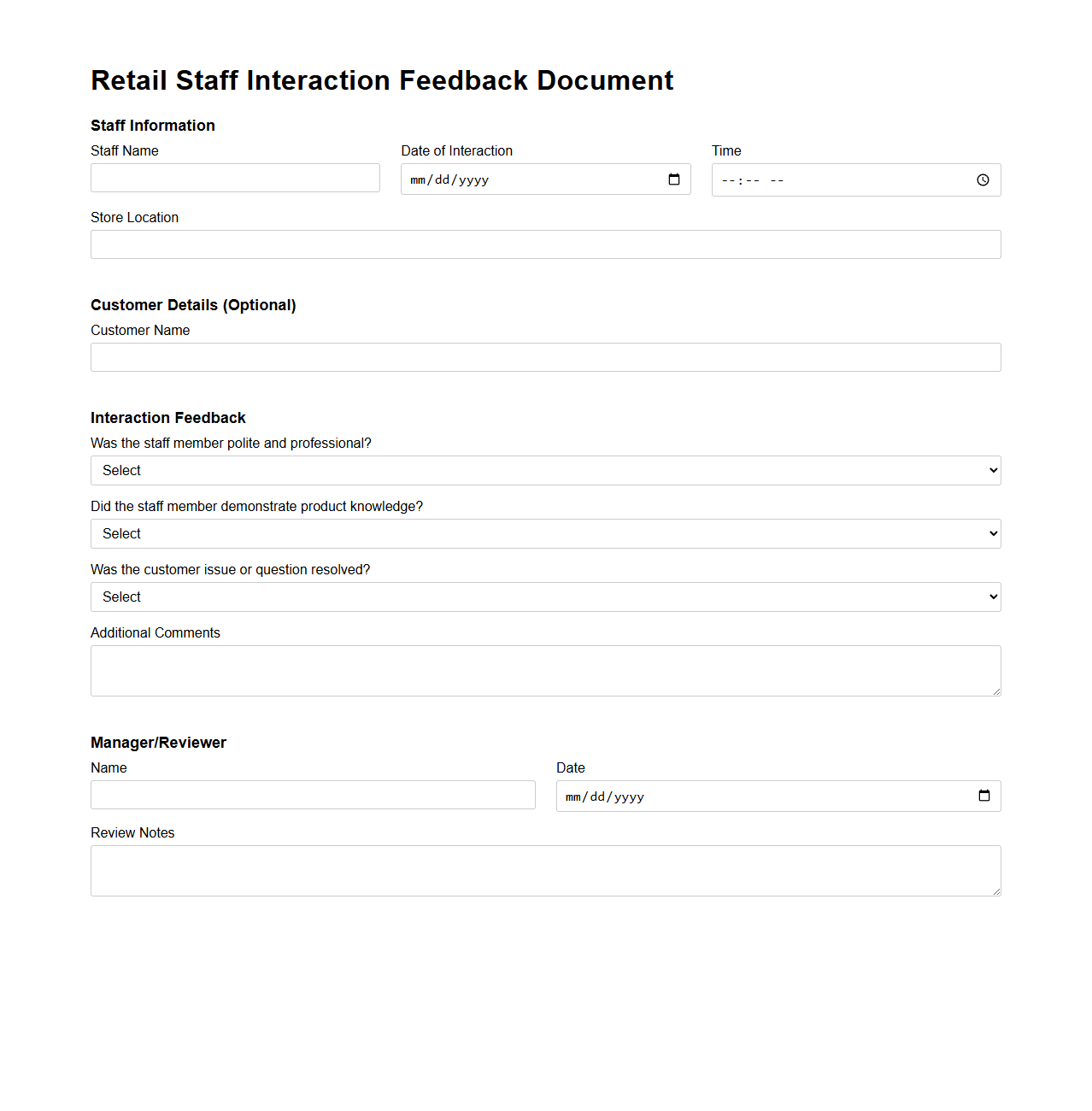 Retail Staff Interaction Feedback Document Example