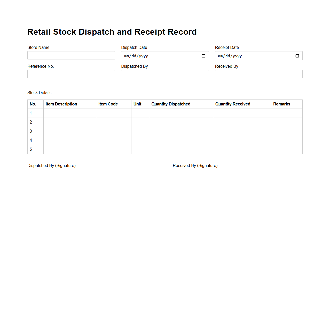 Retail Stock Dispatch and Receipt Record