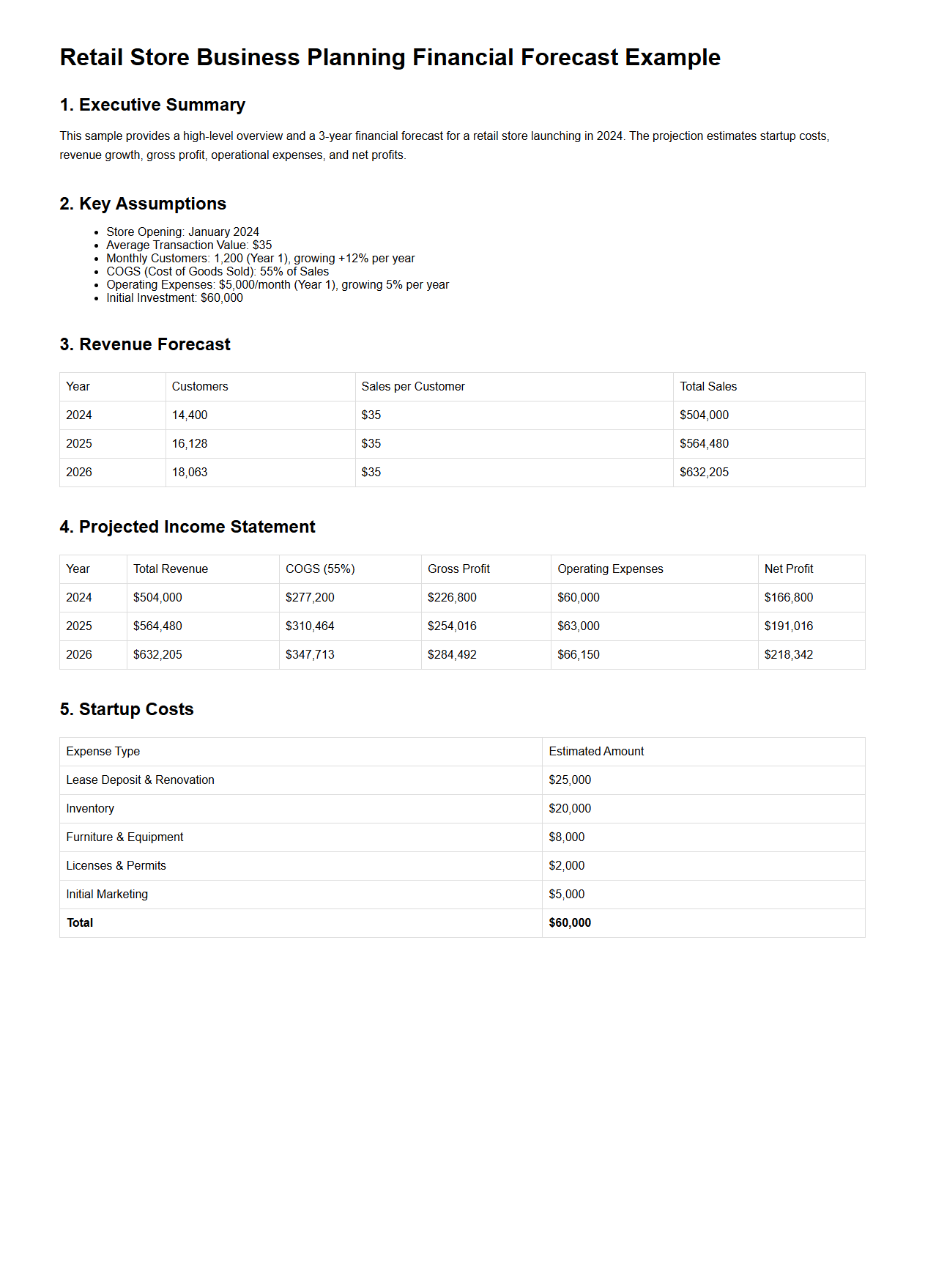 Retail Store Business Planning Financial Forecast Example