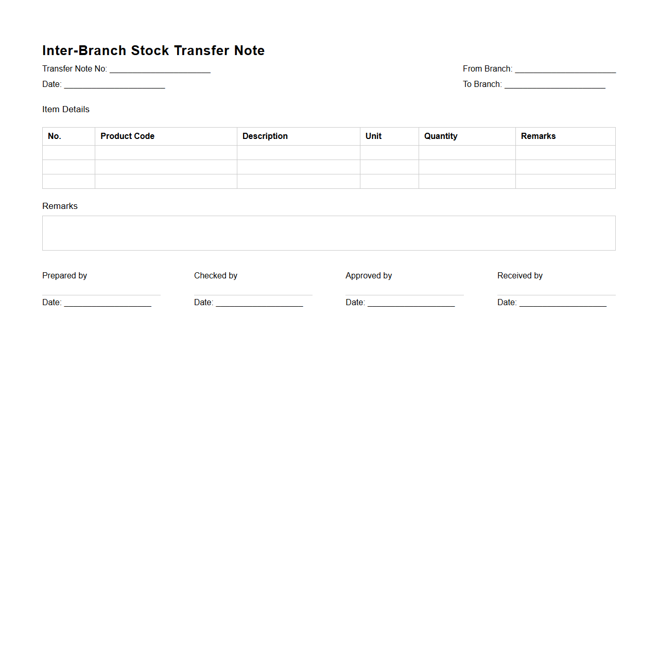 Retail Store Inter-Branch Stock Transfer Note