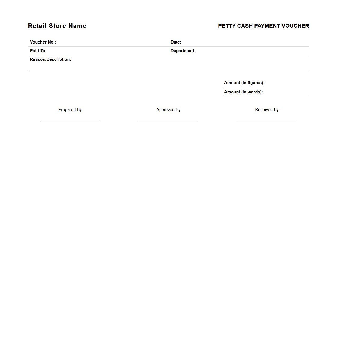 Retail Store Petty Cash Payment Voucher Sample