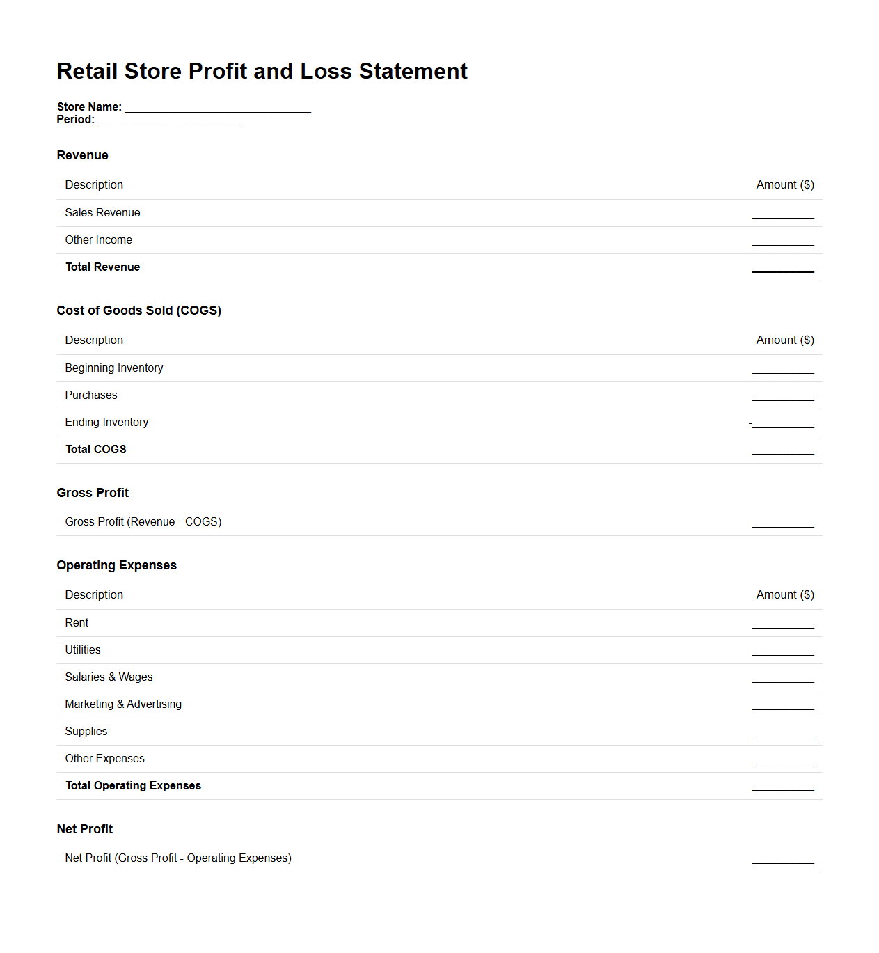 Retail Store Profit and Loss Statement Example