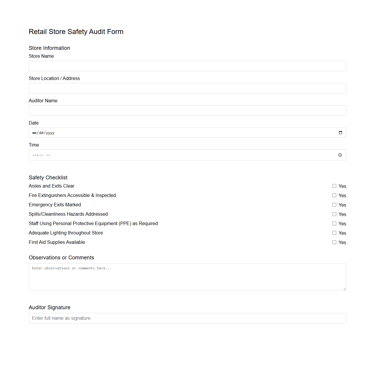 Retail Store Safety Audit Form Sample