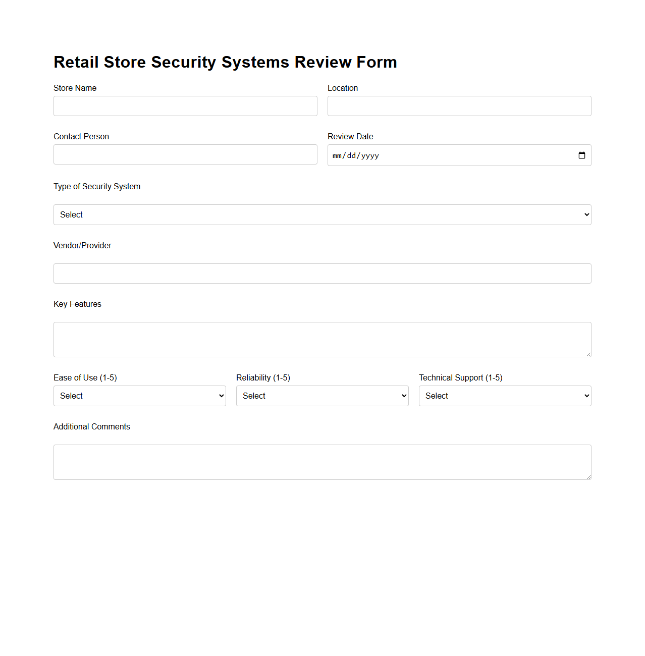 Retail Store Security Systems Review Form