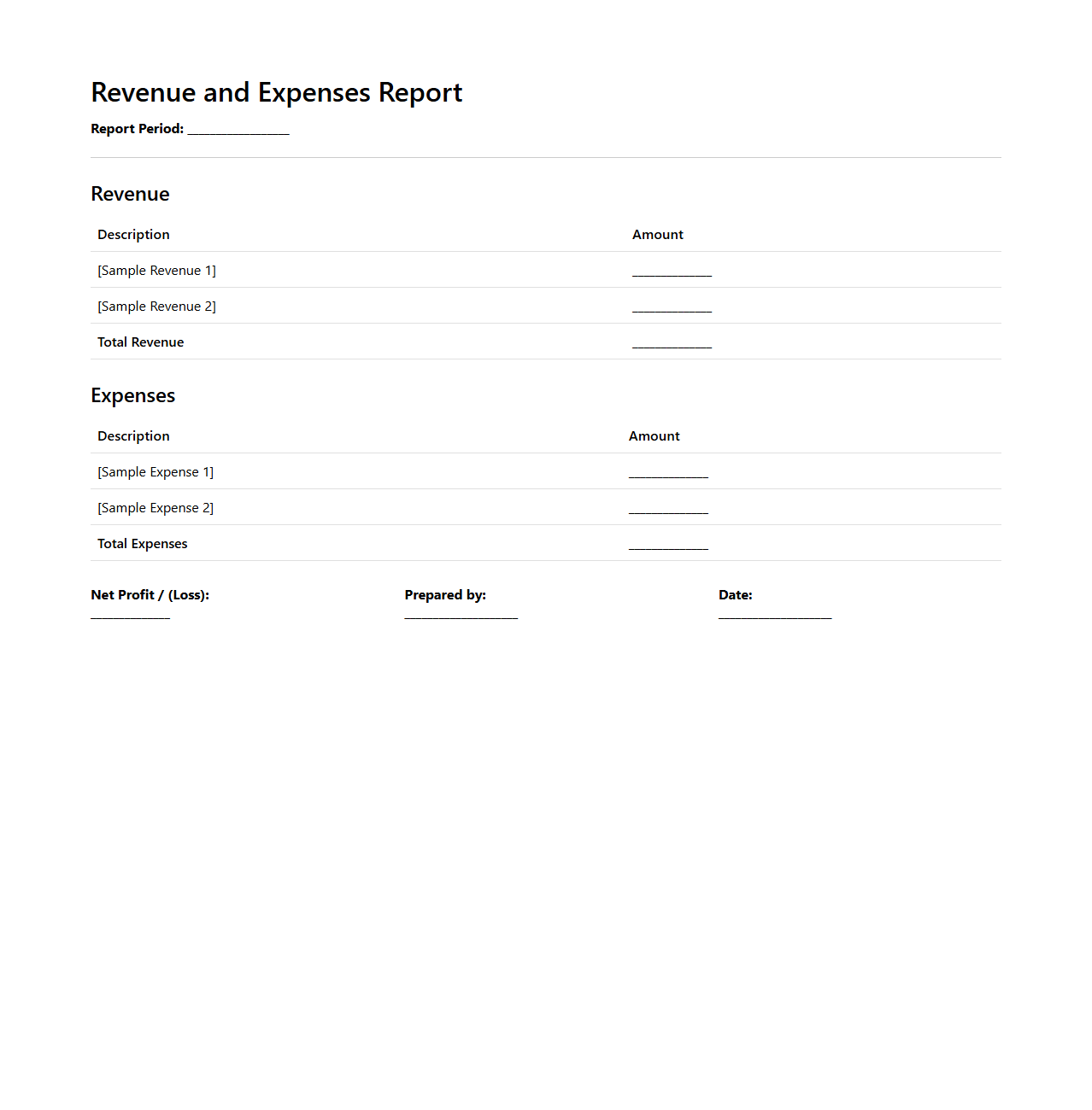 Revenue and Expenses Report Layout