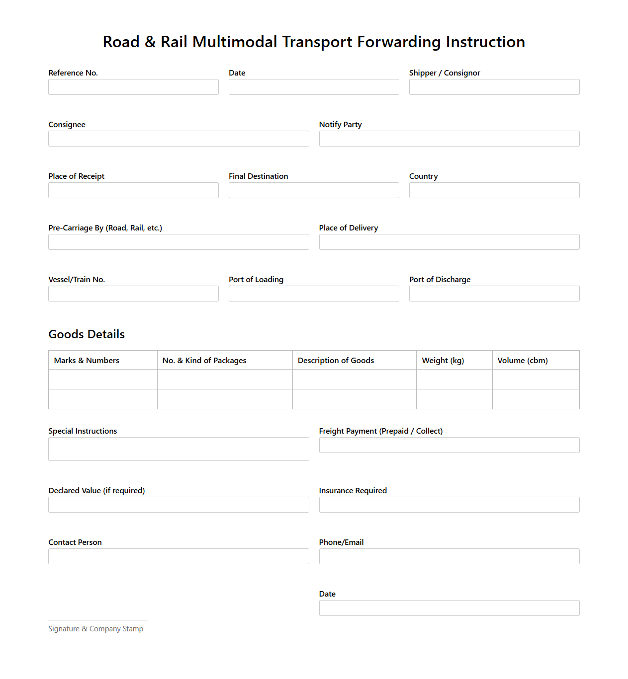 Road and Rail Multimodal Transport Forwarding Instruction Example