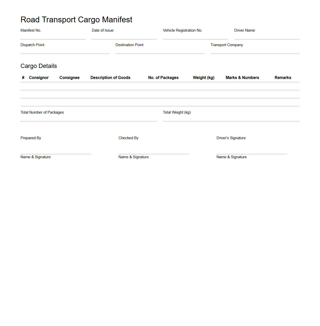 Road Transport Cargo Manifest Format