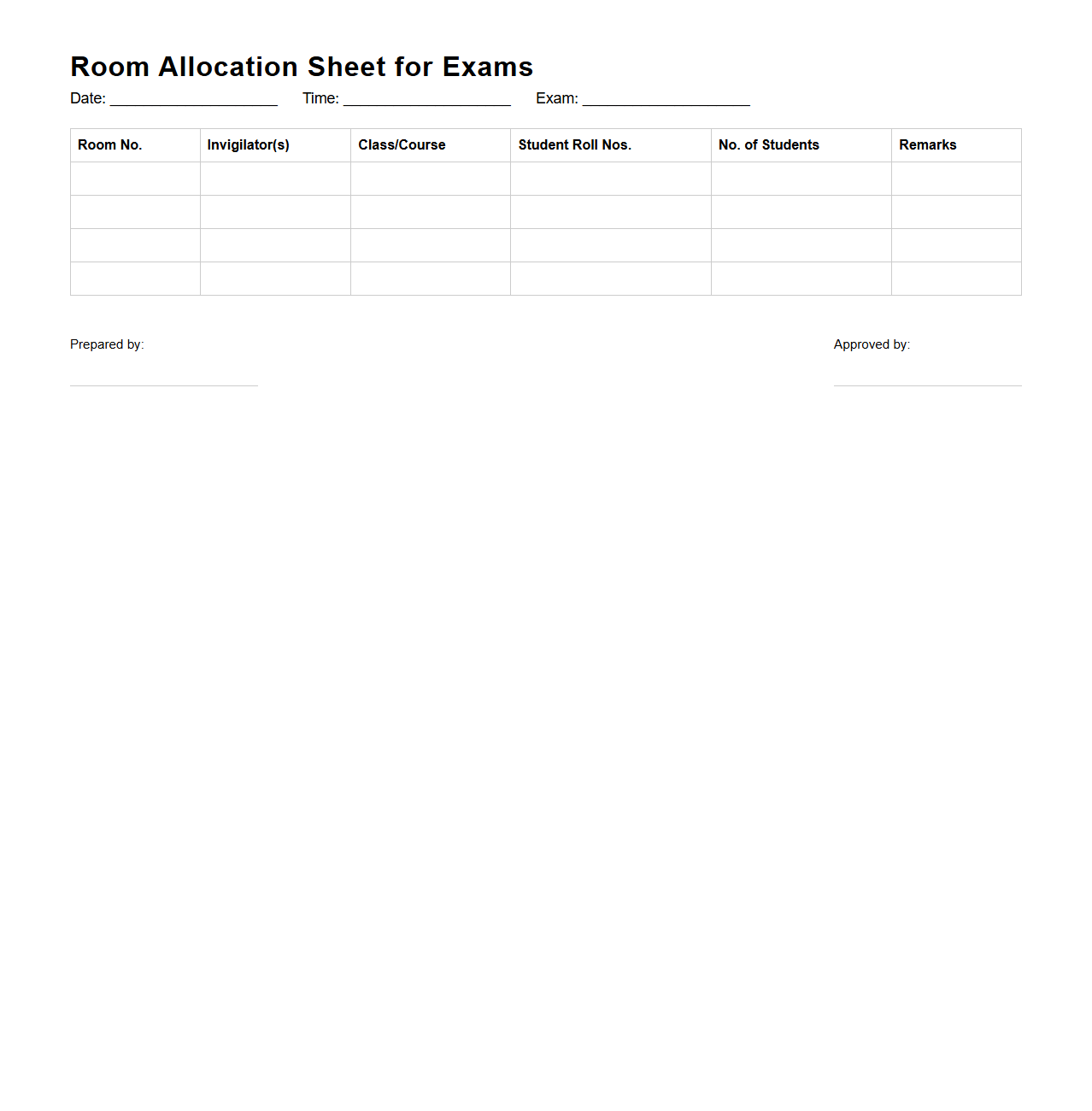 Room Allocation Sheet for Exams
