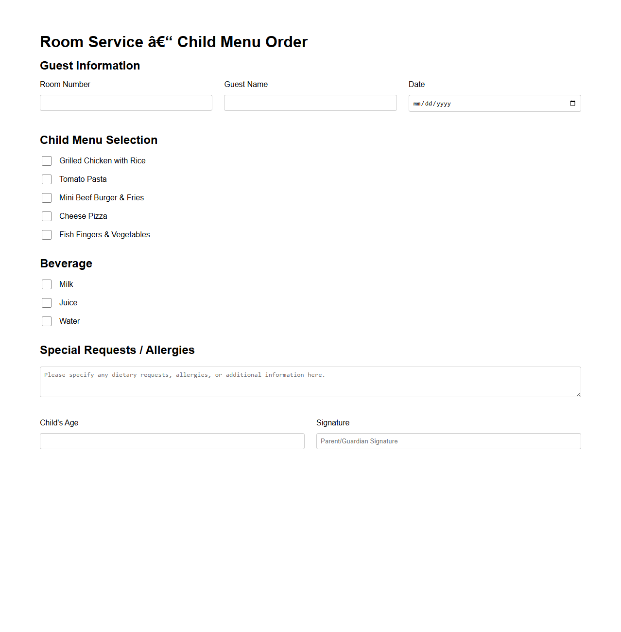Room Service Child Menu Order Template