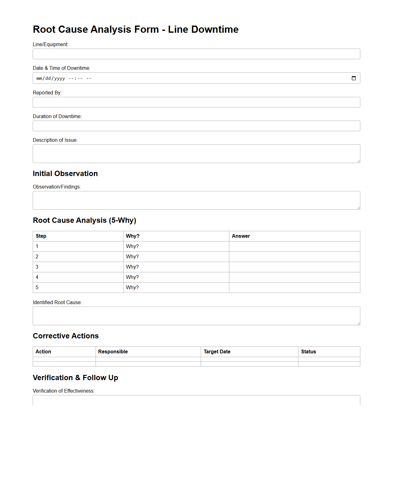 Root Cause Analysis Form for Line Downtime