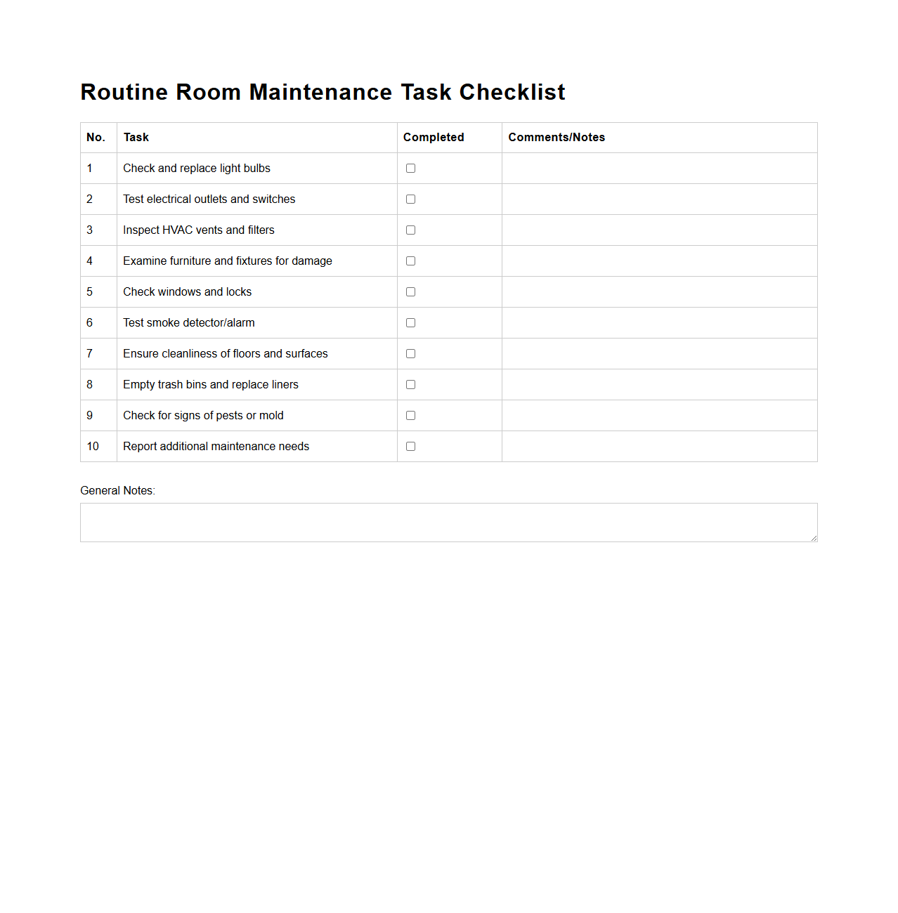 Routine Room Maintenance Task Checklist