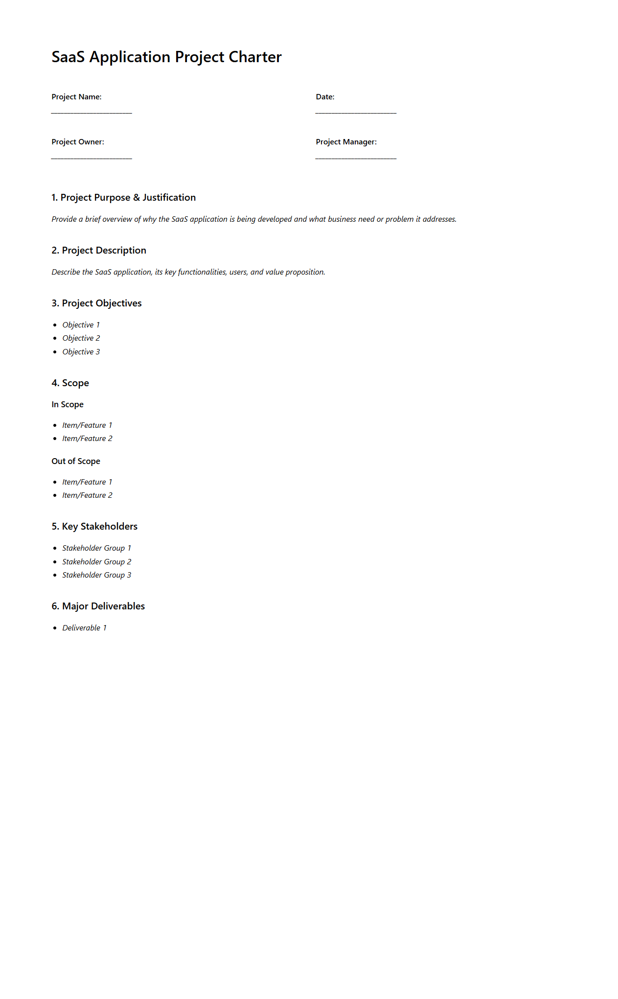 SaaS Application Project Charter Example