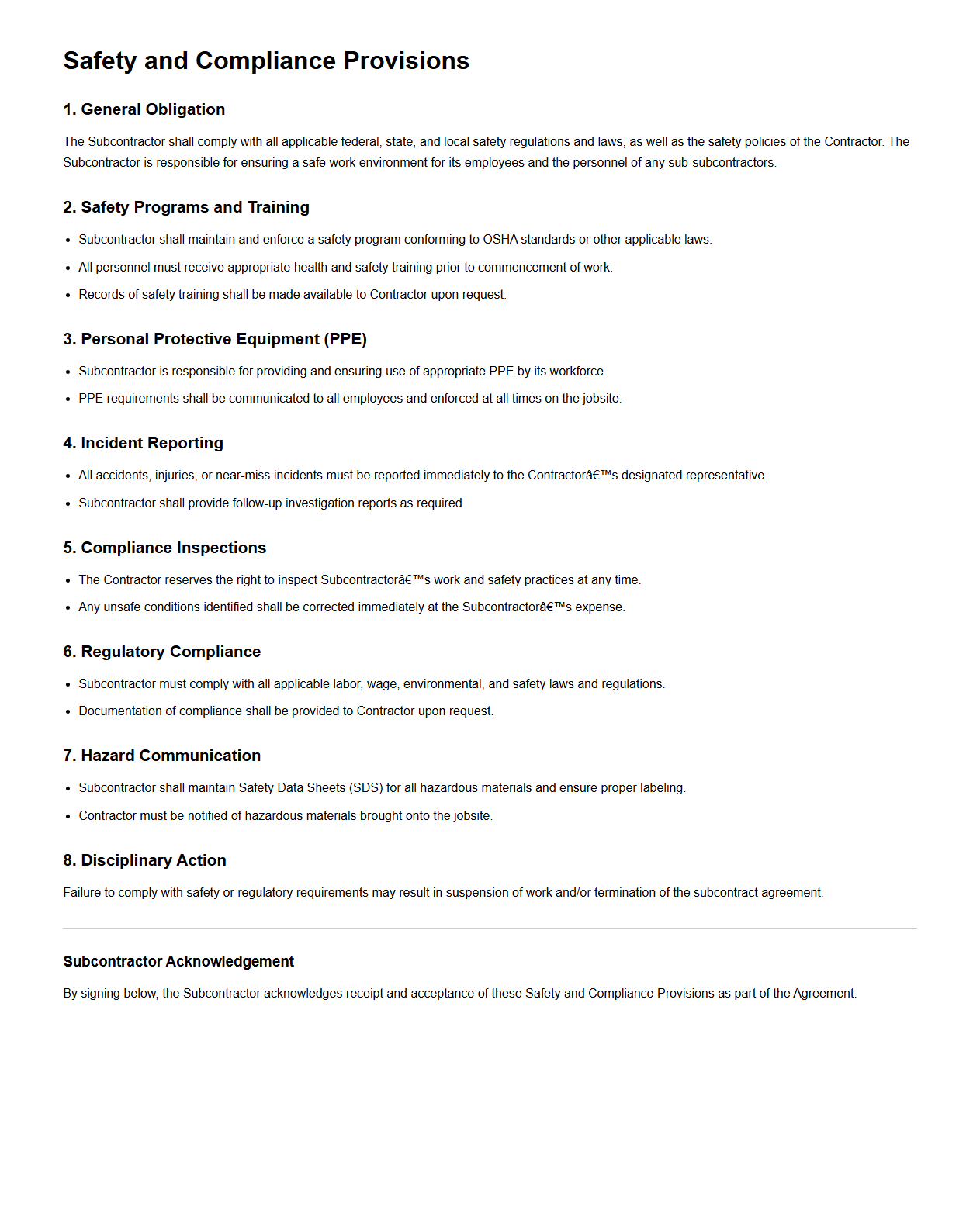 Safety and Compliance Provisions for Subcontractor Agreements