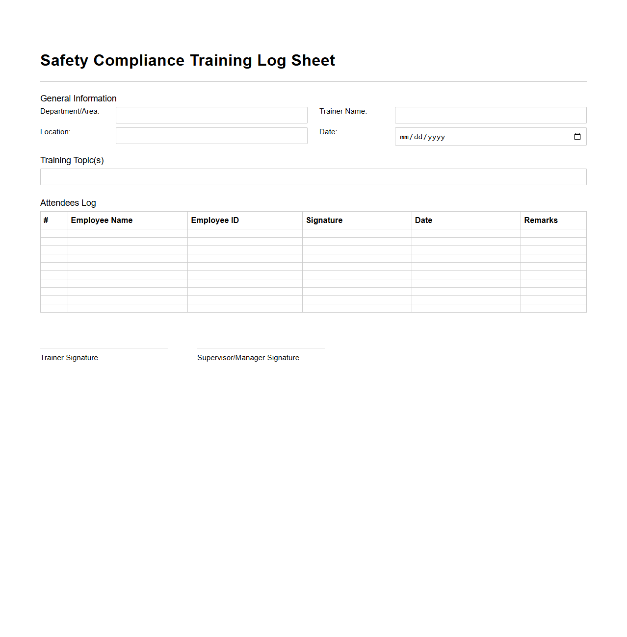 Safety Compliance Training Log Sheet