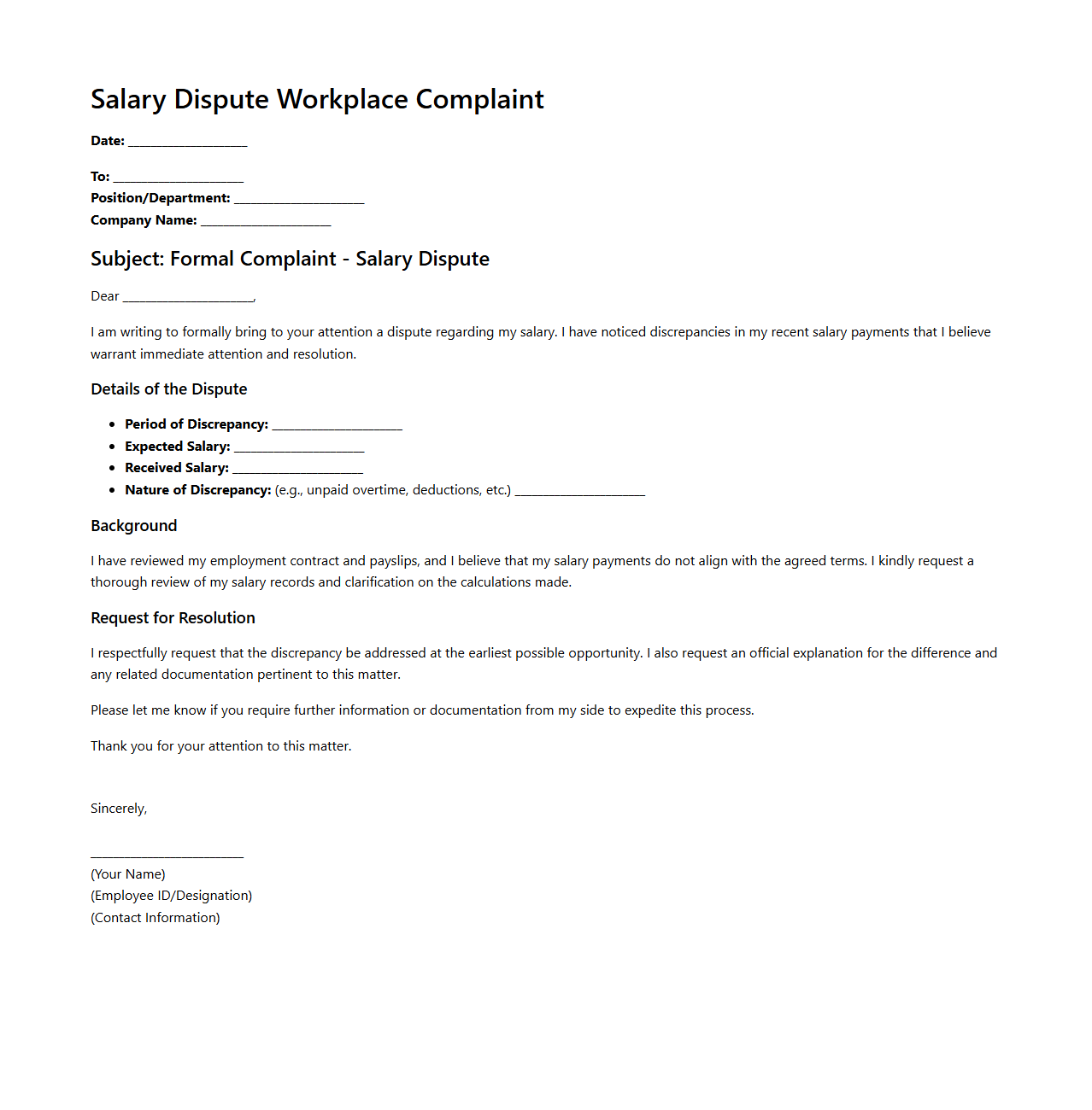 Salary Dispute Workplace Complaint Sample