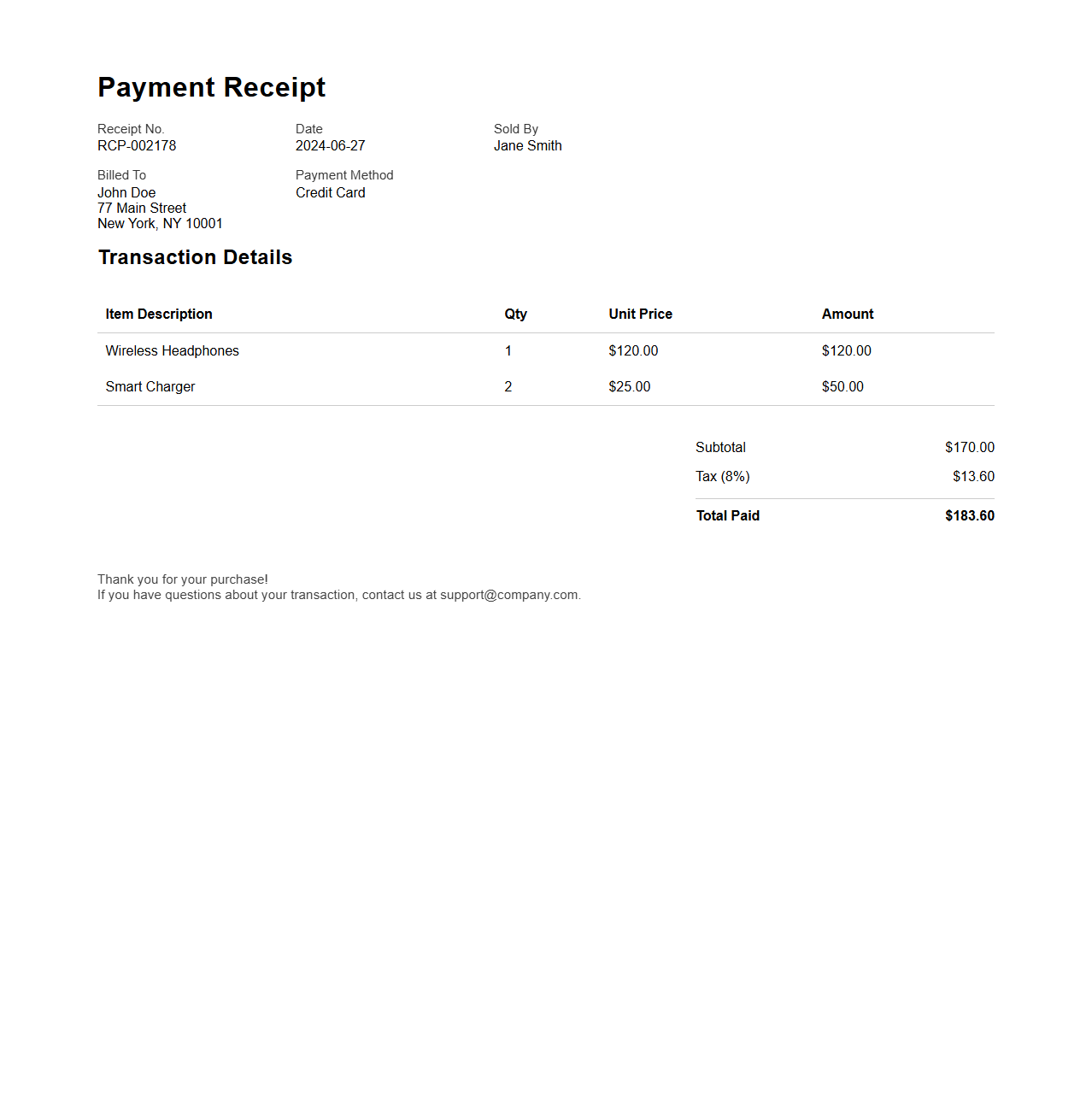 Sales Transaction Payment Receipt Example