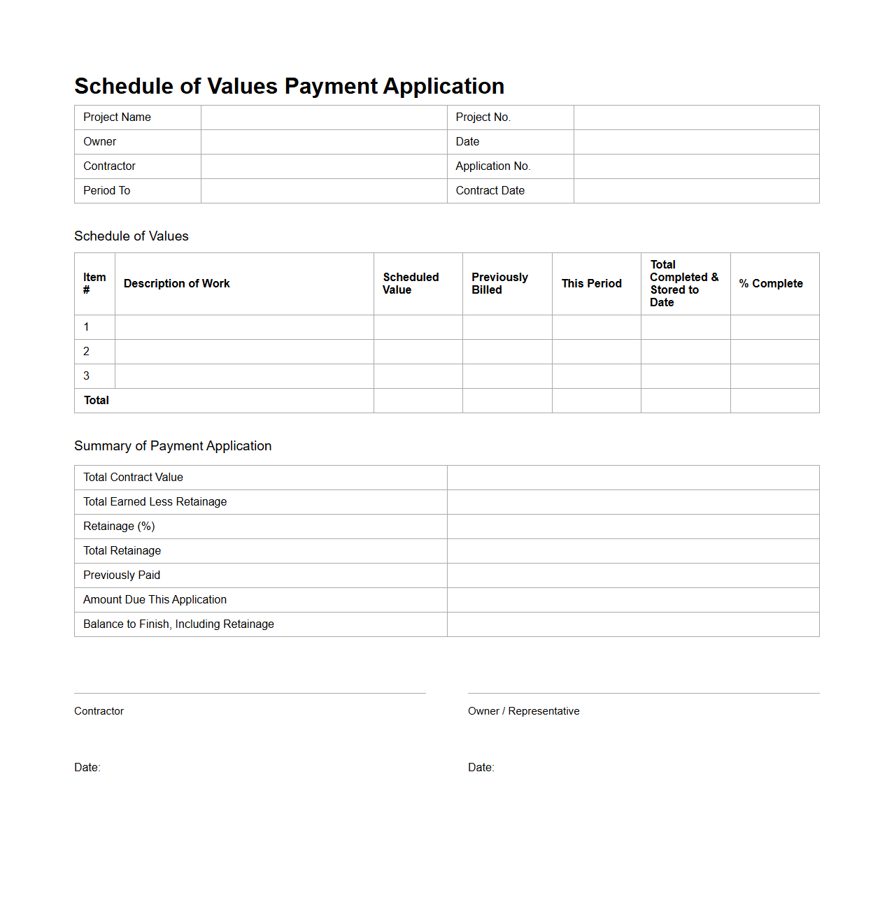 Schedule of Values Payment Application Sample for Large-Scale Construction
