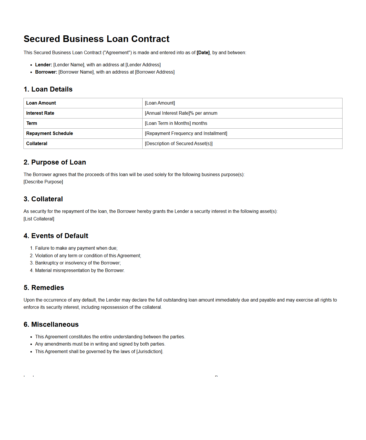 Secured Business Loan Contract Sample