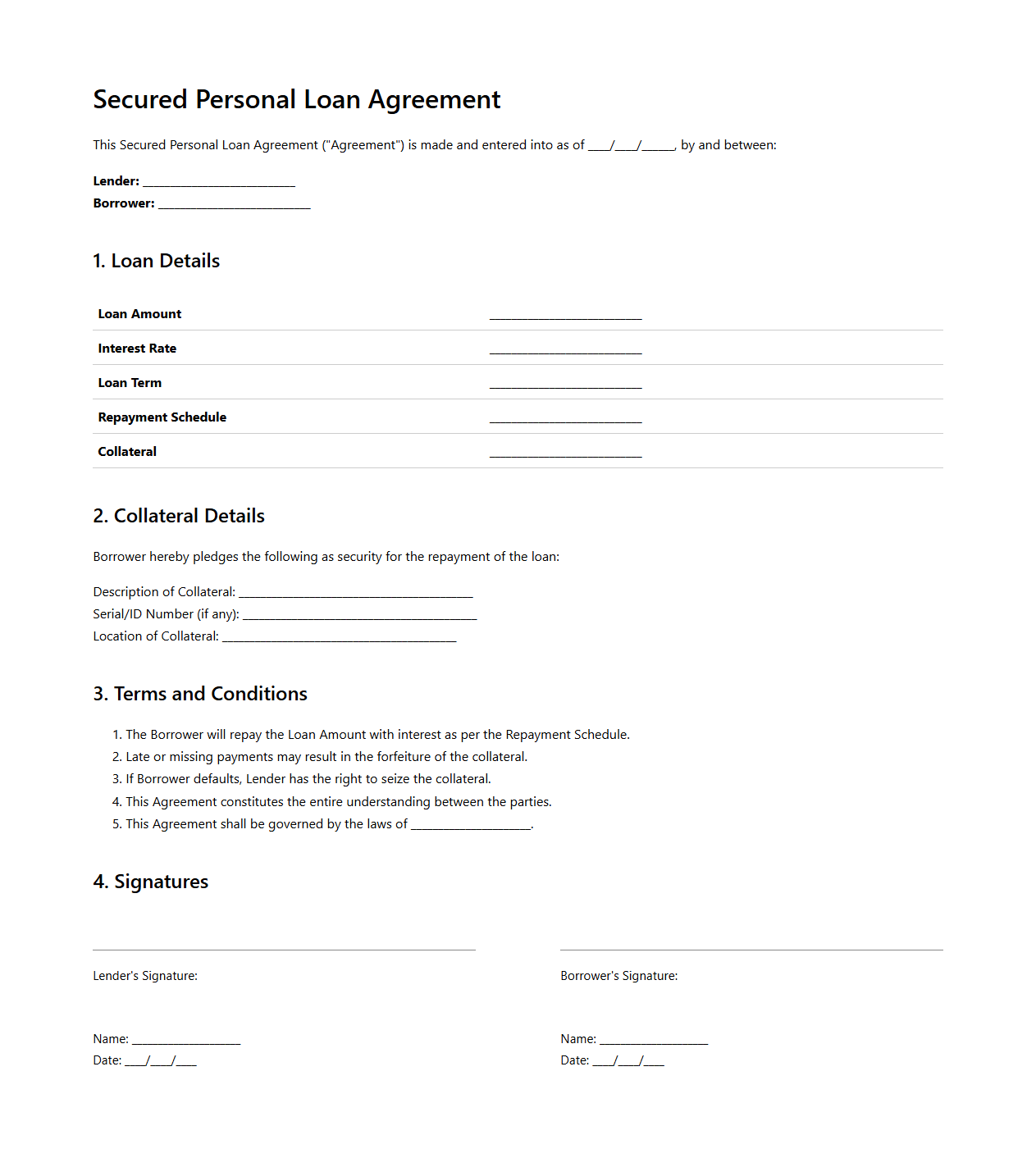 Secured Personal Loan Document Example