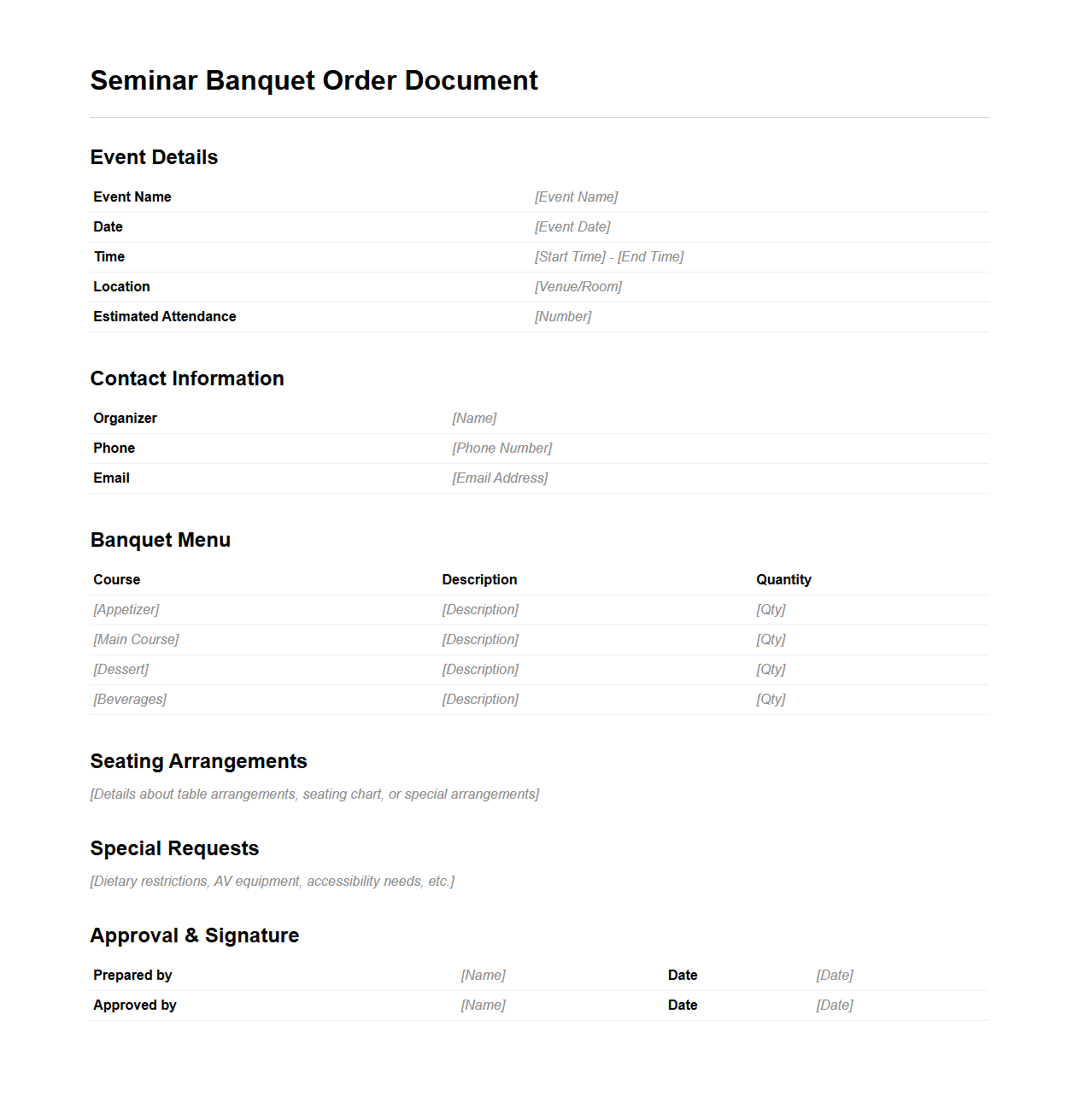 Seminar Banquet Order Document Outline