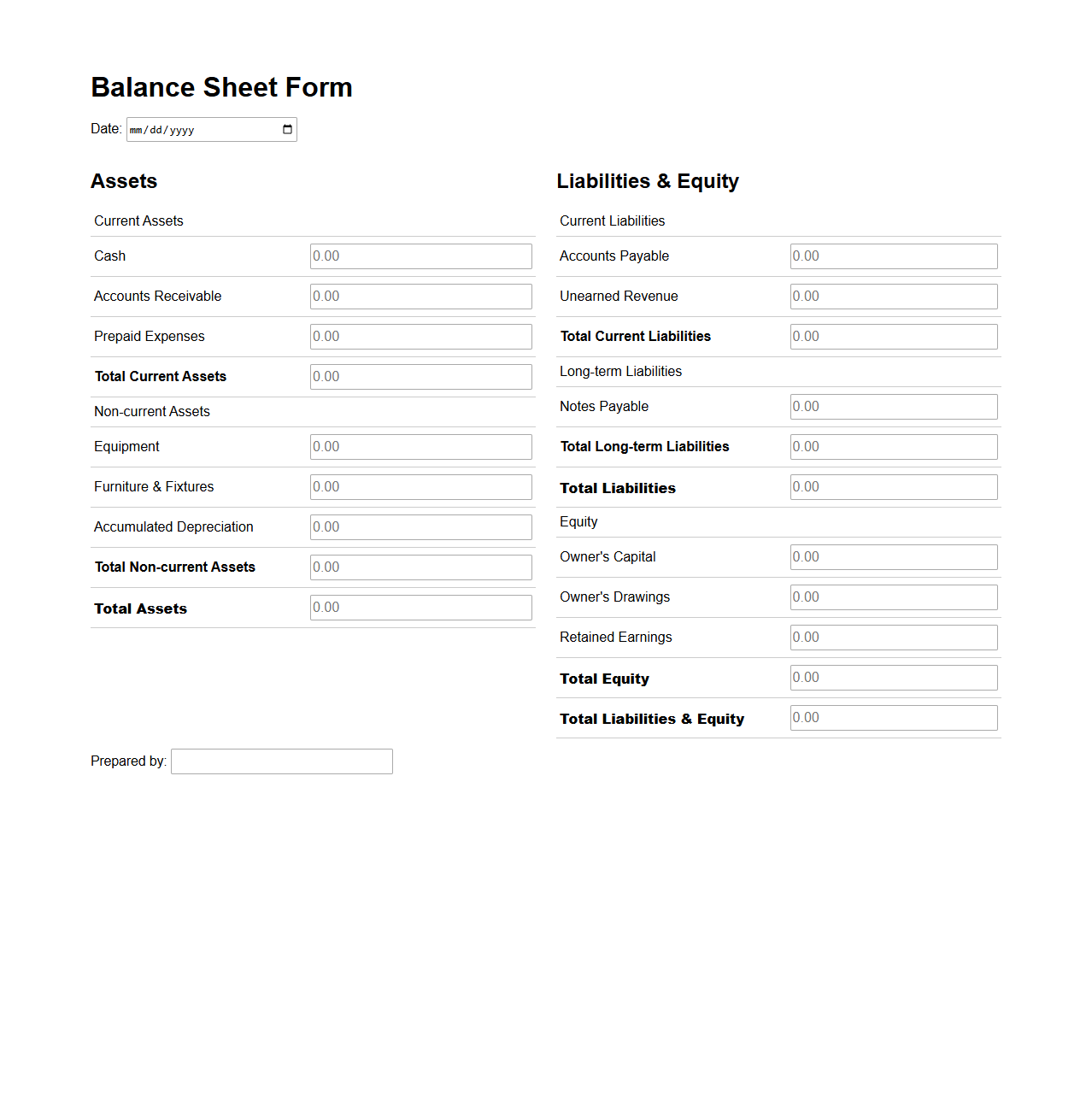 Service Business Balance Sheet Form