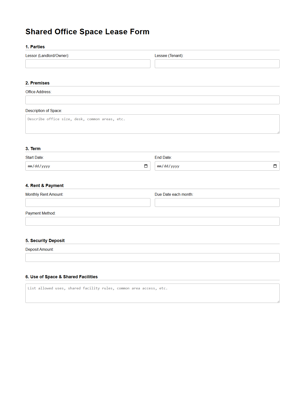 Shared Office Space Lease Form