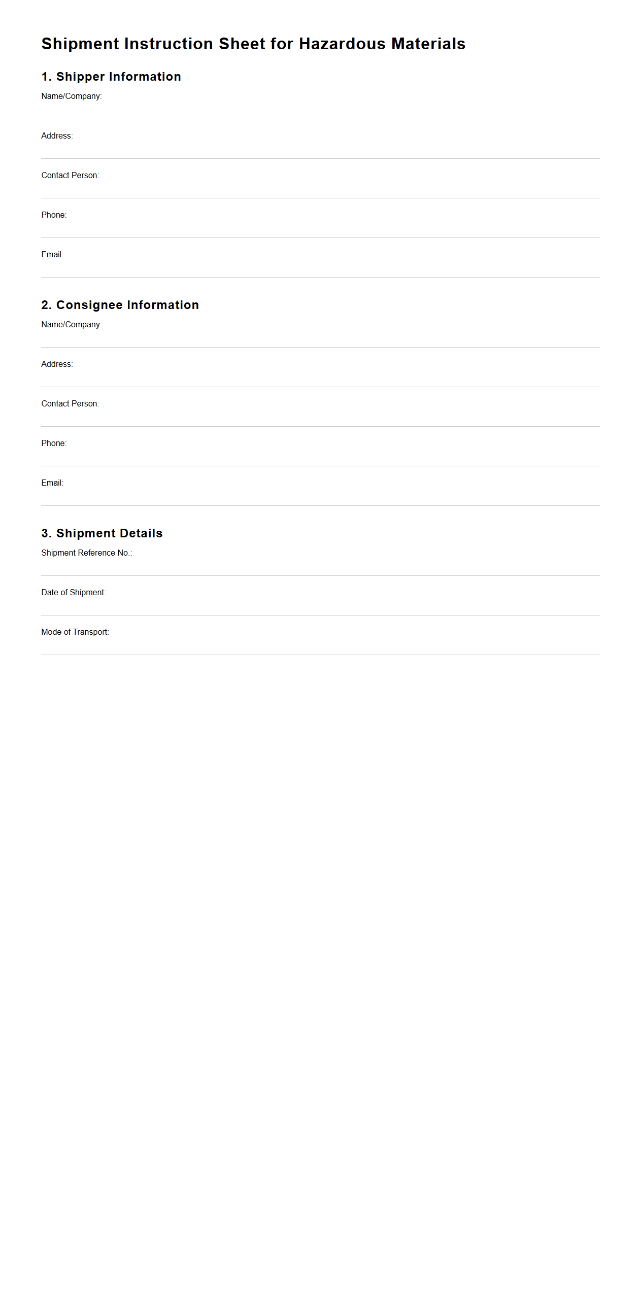 Shipment Instruction Sheet for Hazardous Materials