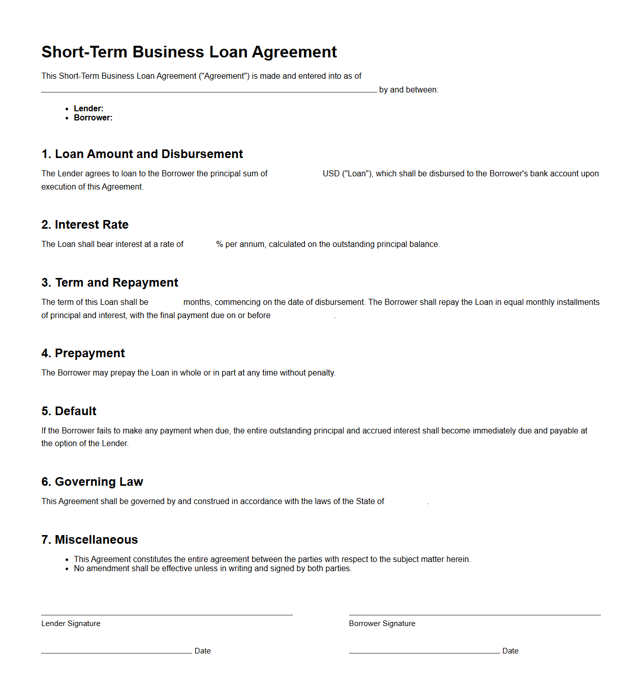 Short-Term Business Loan Agreement Example