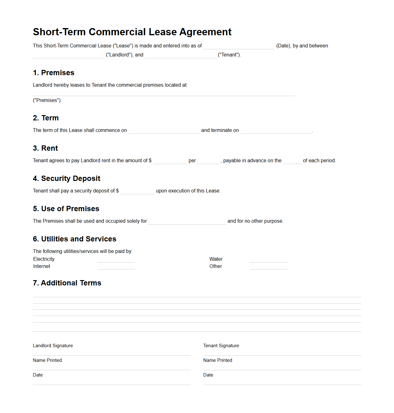 Short-Term Commercial Lease Form