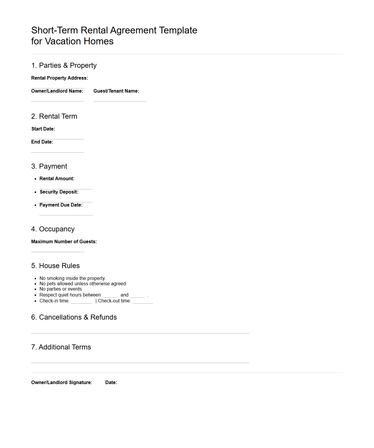 Short-Term Rental Agreement Template for Vacation Homes