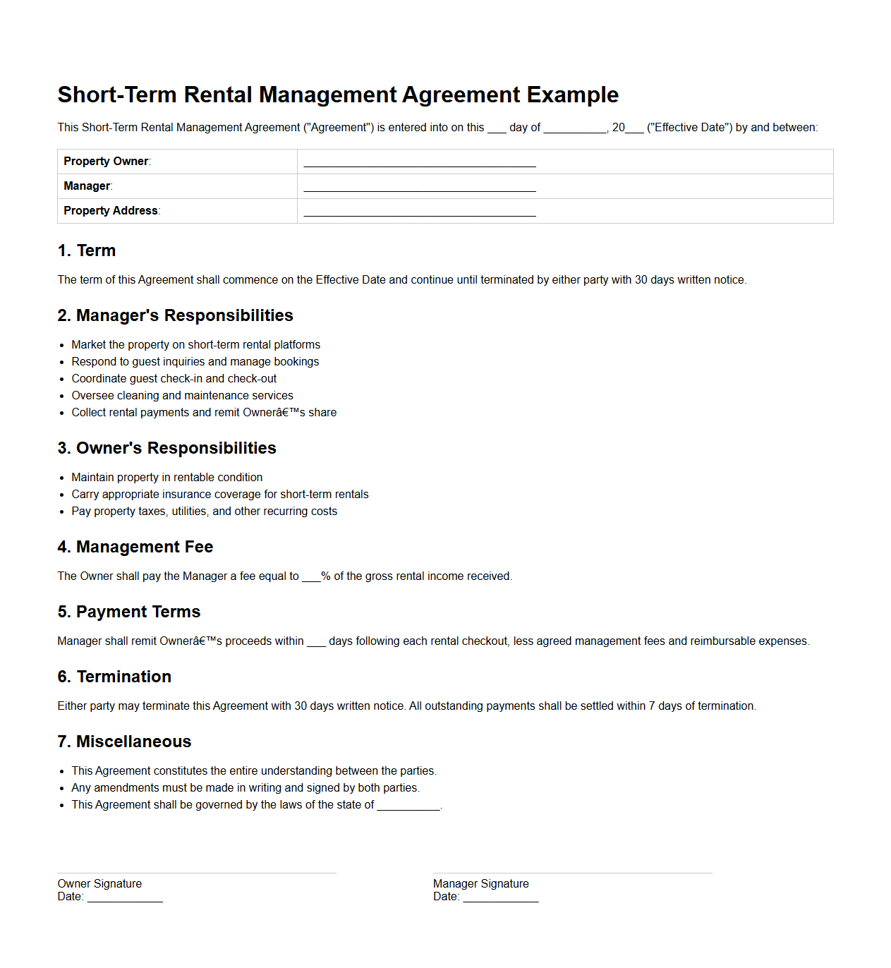 Short-Term Rental Management Agreement Example