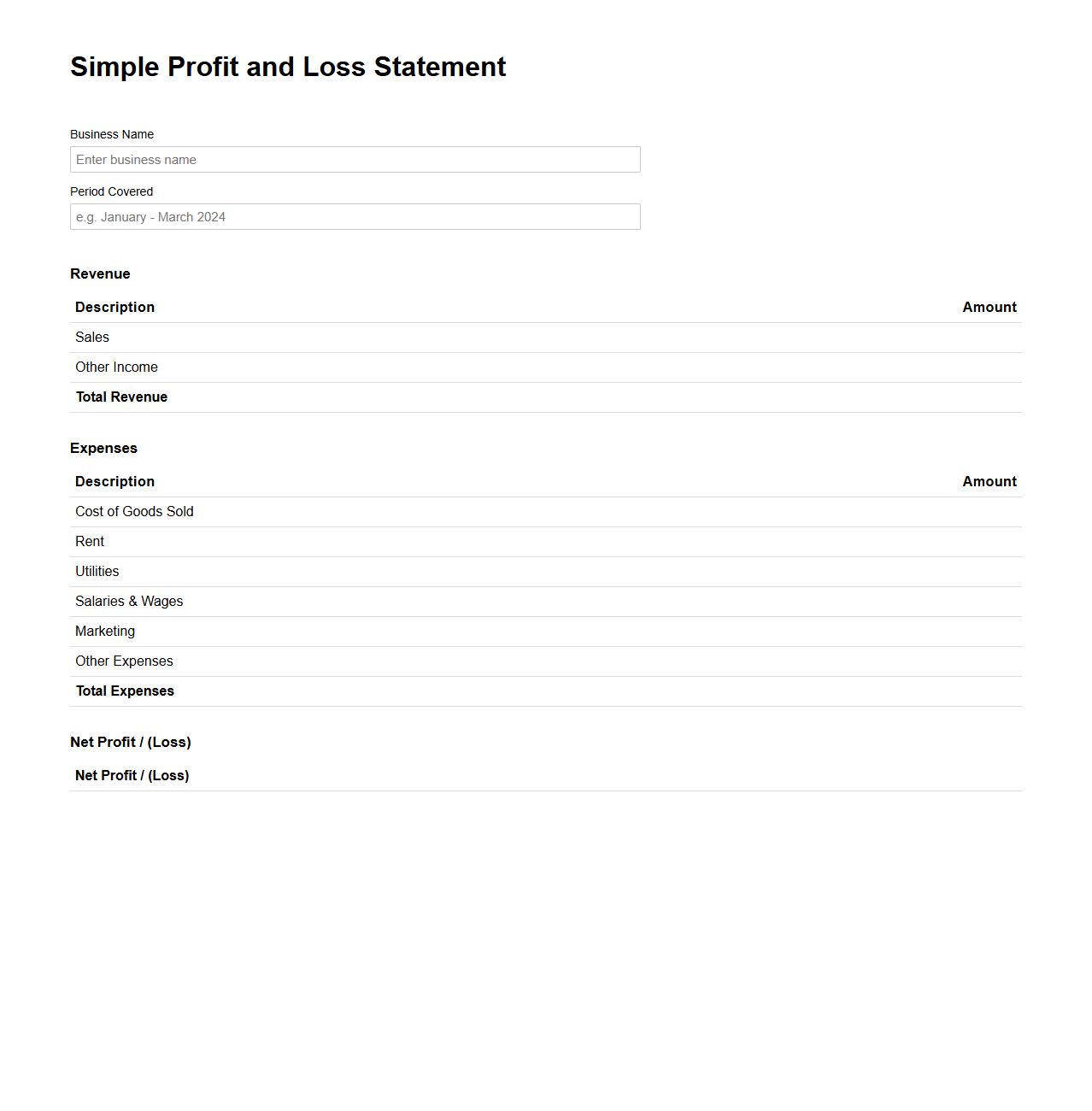 Simple Profit and Loss Statement Template for Small Business