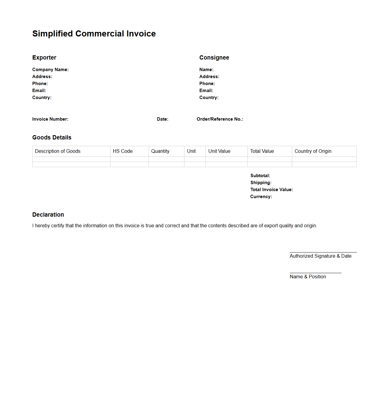 Simplified Commercial Invoice for E-commerce Export
