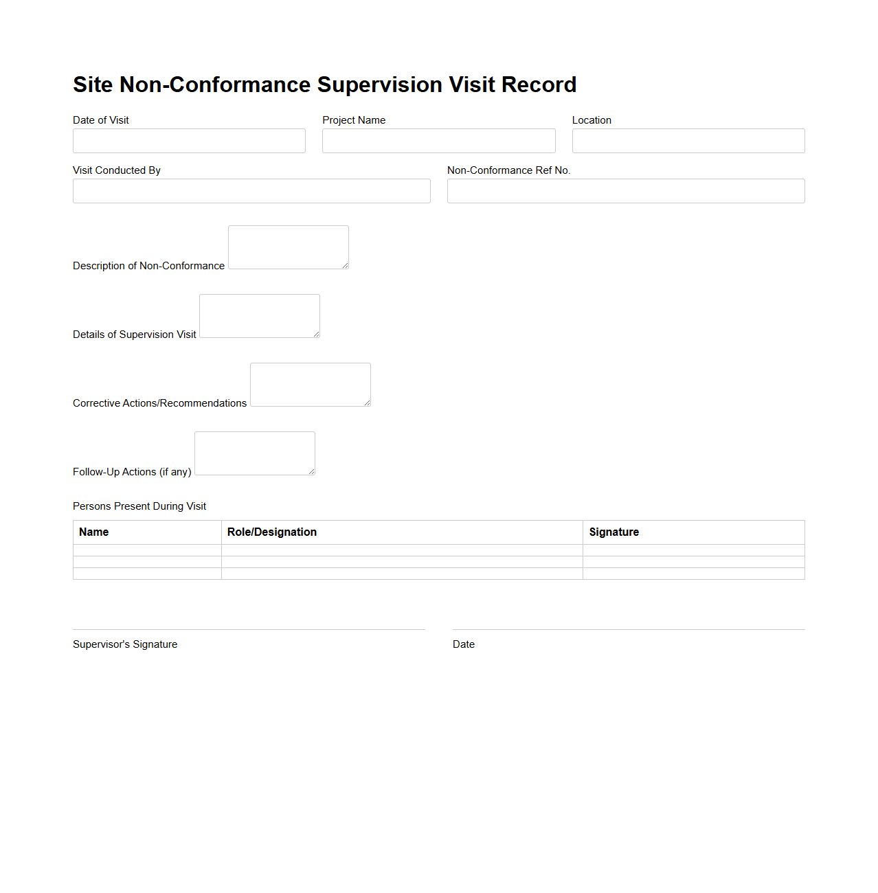 Site Non-Conformance Supervision Visit Record