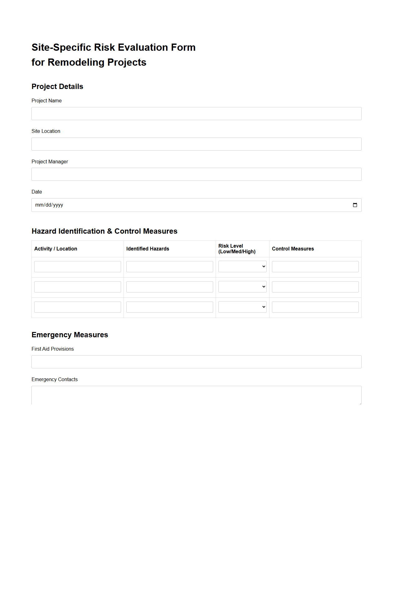 Site-Specific Risk Evaluation Form for Remodeling Projects