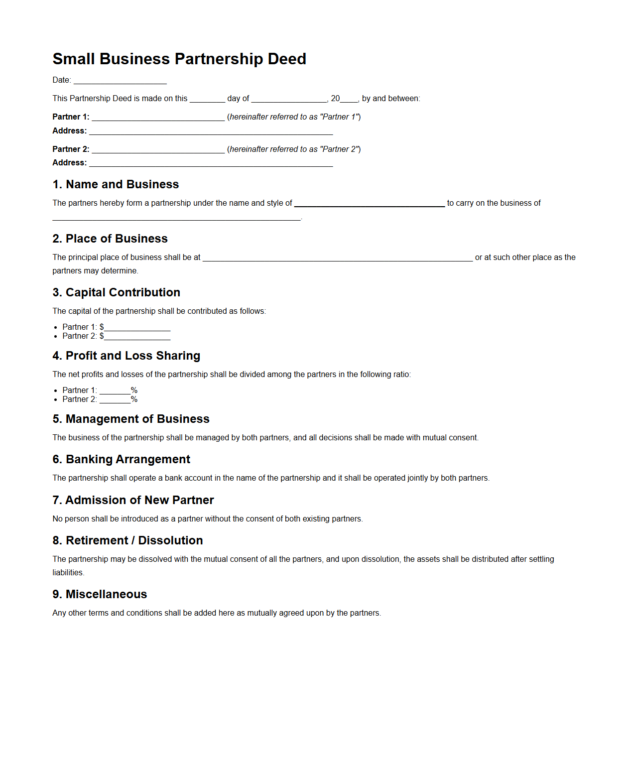 Small Business Partnership Deed Example